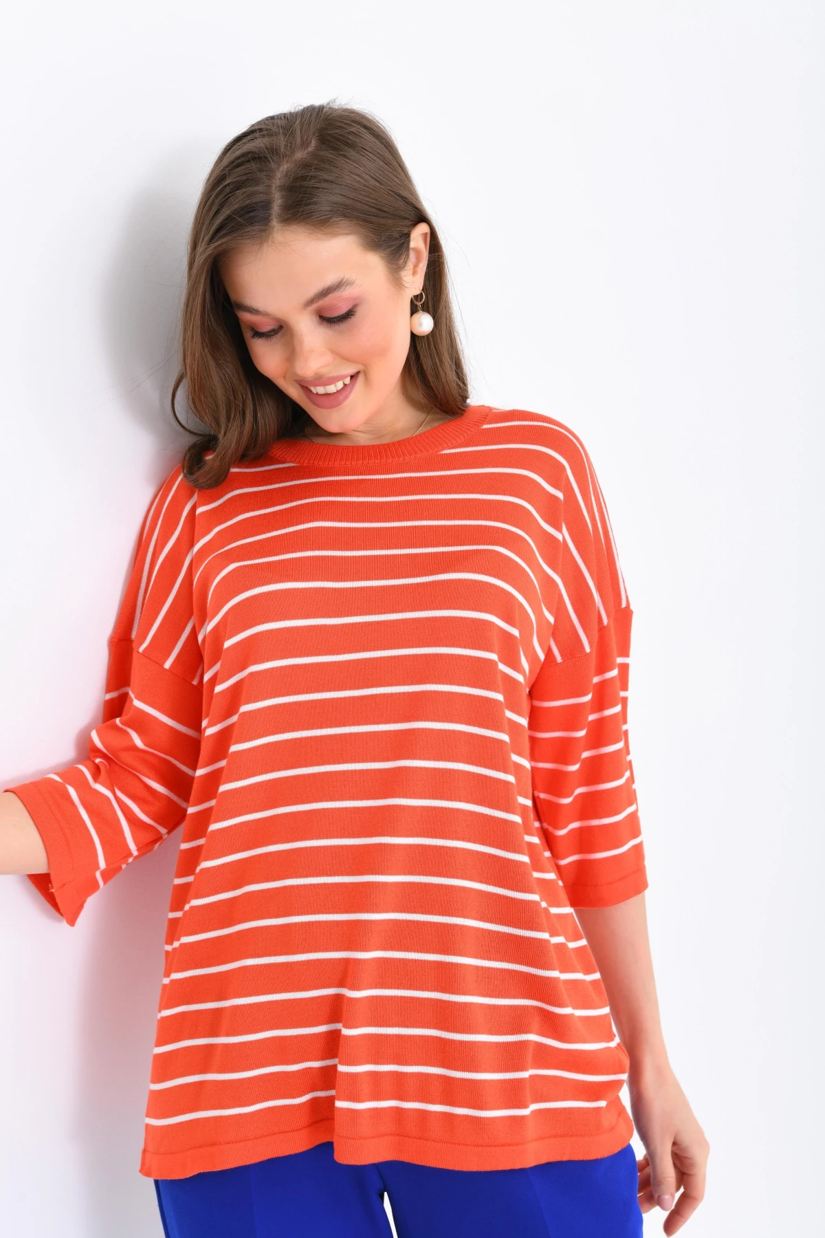 Kadın Bisiklet Yaka Kısa Kol Çizgili Oversize Triko Kazak 10218.Vsc