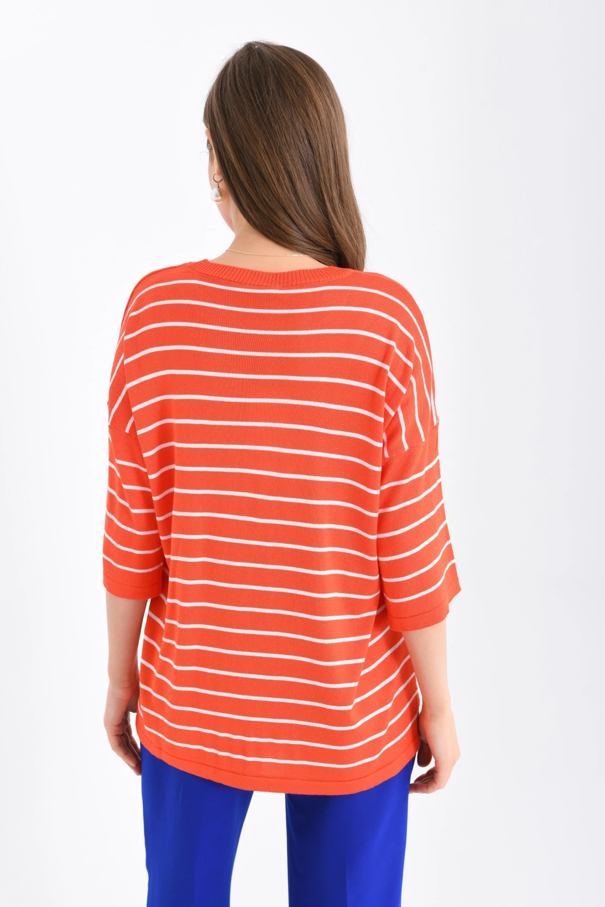 Kadın Bisiklet Yaka Kısa Kol Çizgili Oversize Triko Kazak 10218.Vsc