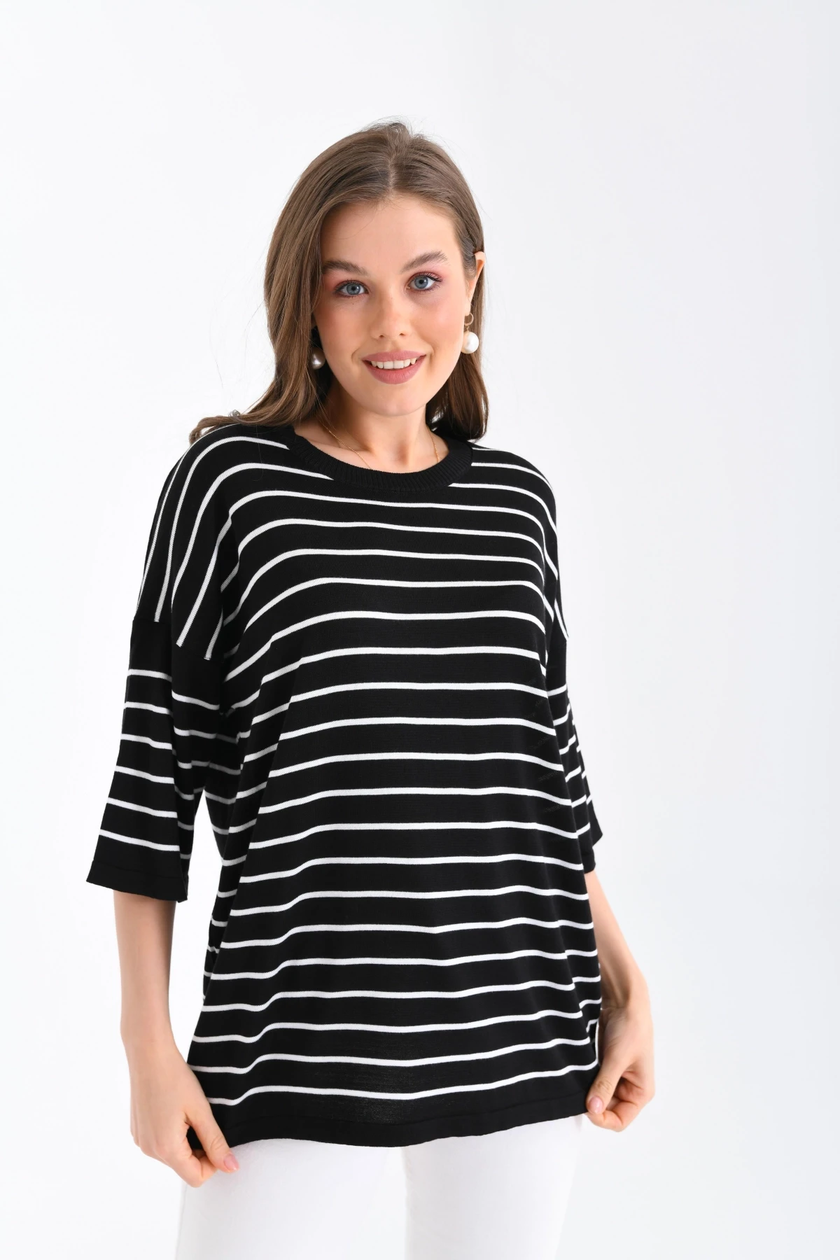 Kadın Bisiklet Yaka Kısa Kol Çizgili Oversize Triko Kazak 10218.Vsc