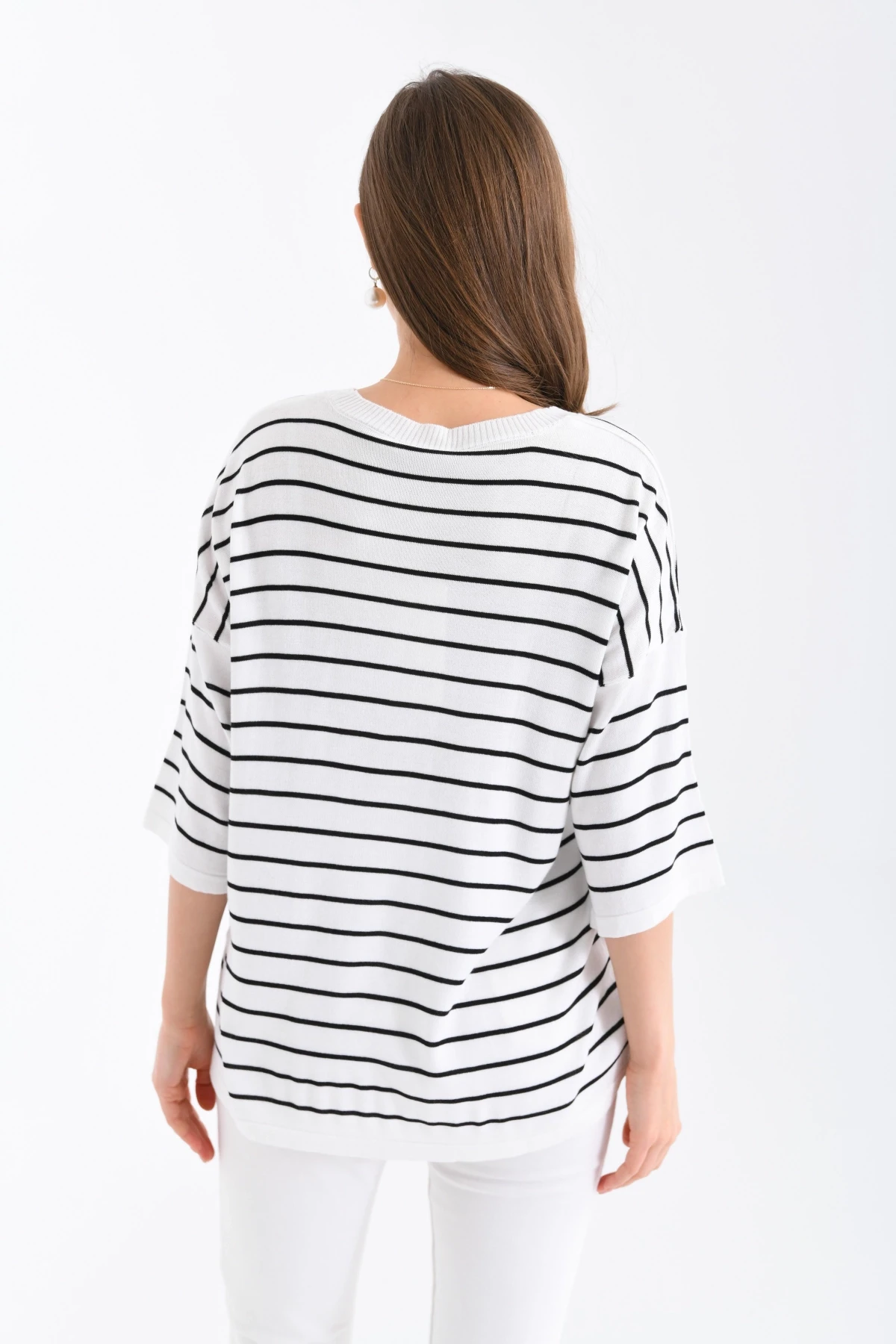 Kadın Bisiklet Yaka Kısa Kol Çizgili Oversize Triko Kazak 10218.Vsc