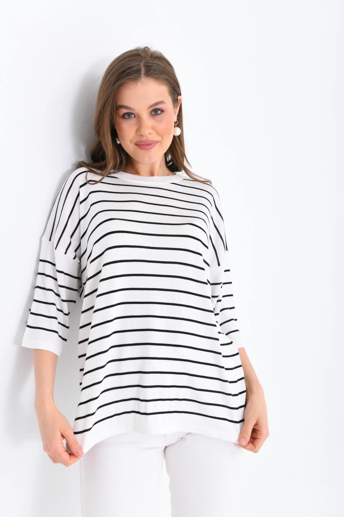 Kadın Bisiklet Yaka Kısa Kol Çizgili Oversize Triko Kazak 10218.Vsc