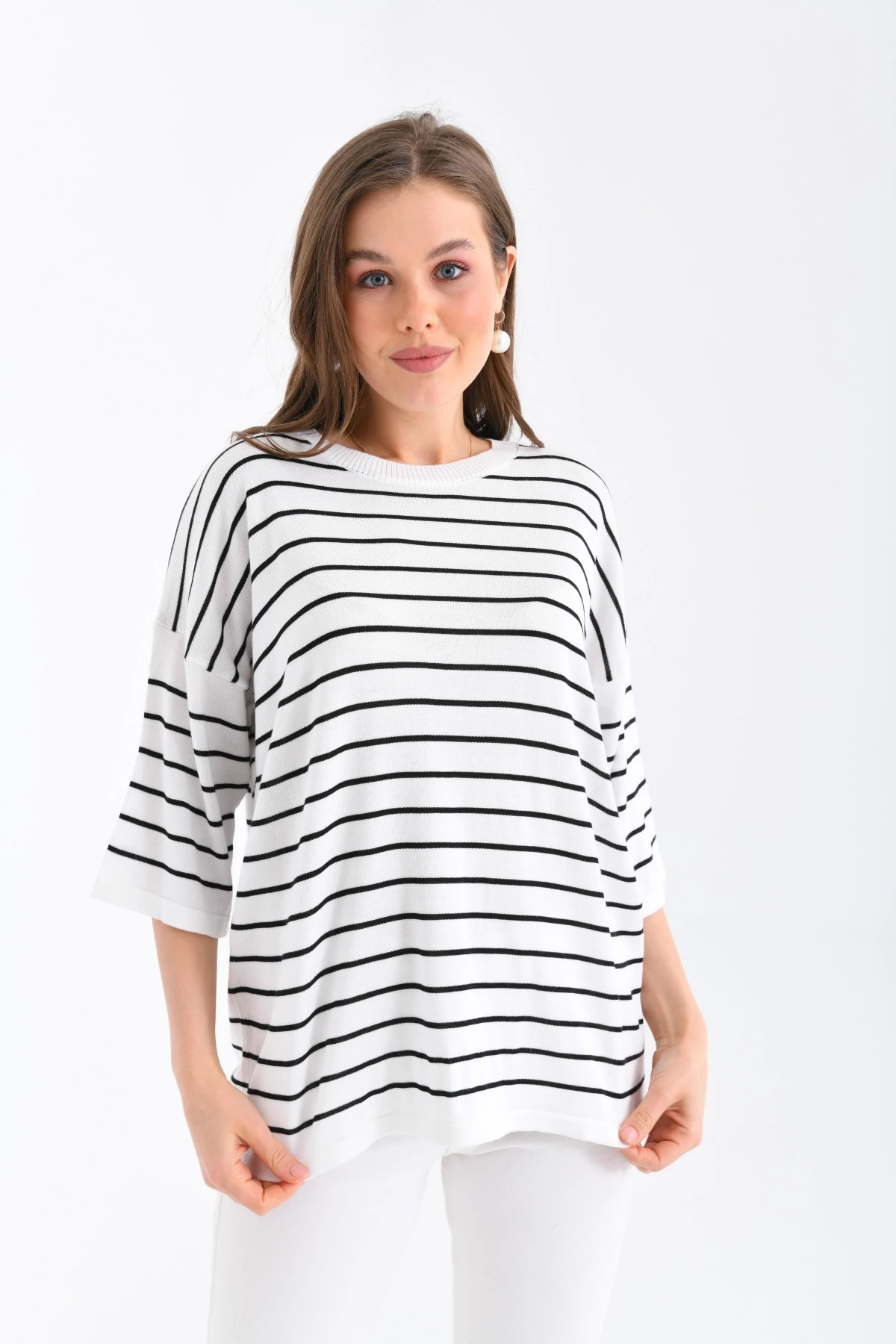 Kadın Bisiklet Yaka Kısa Kol Çizgili Oversize Triko Kazak 10218.Vsc