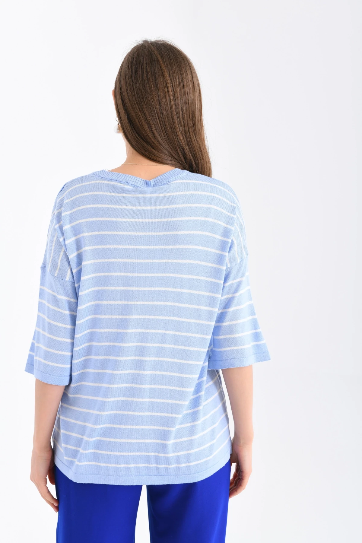 Kadın Bisiklet Yaka Kısa Kol Çizgili Oversize Triko Kazak 10218.Vsc