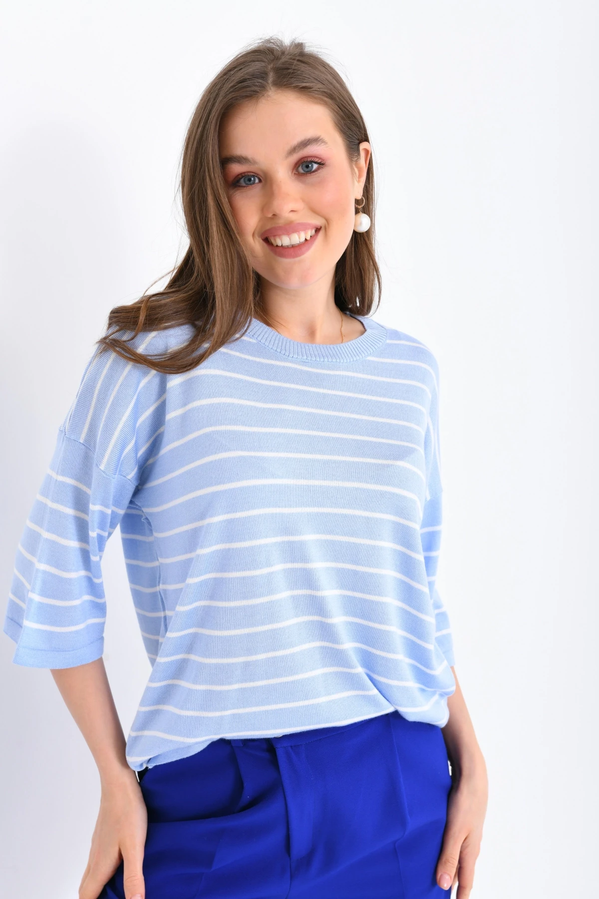 Kadın Bisiklet Yaka Kısa Kol Çizgili Oversize Triko Kazak 10218.Vsc