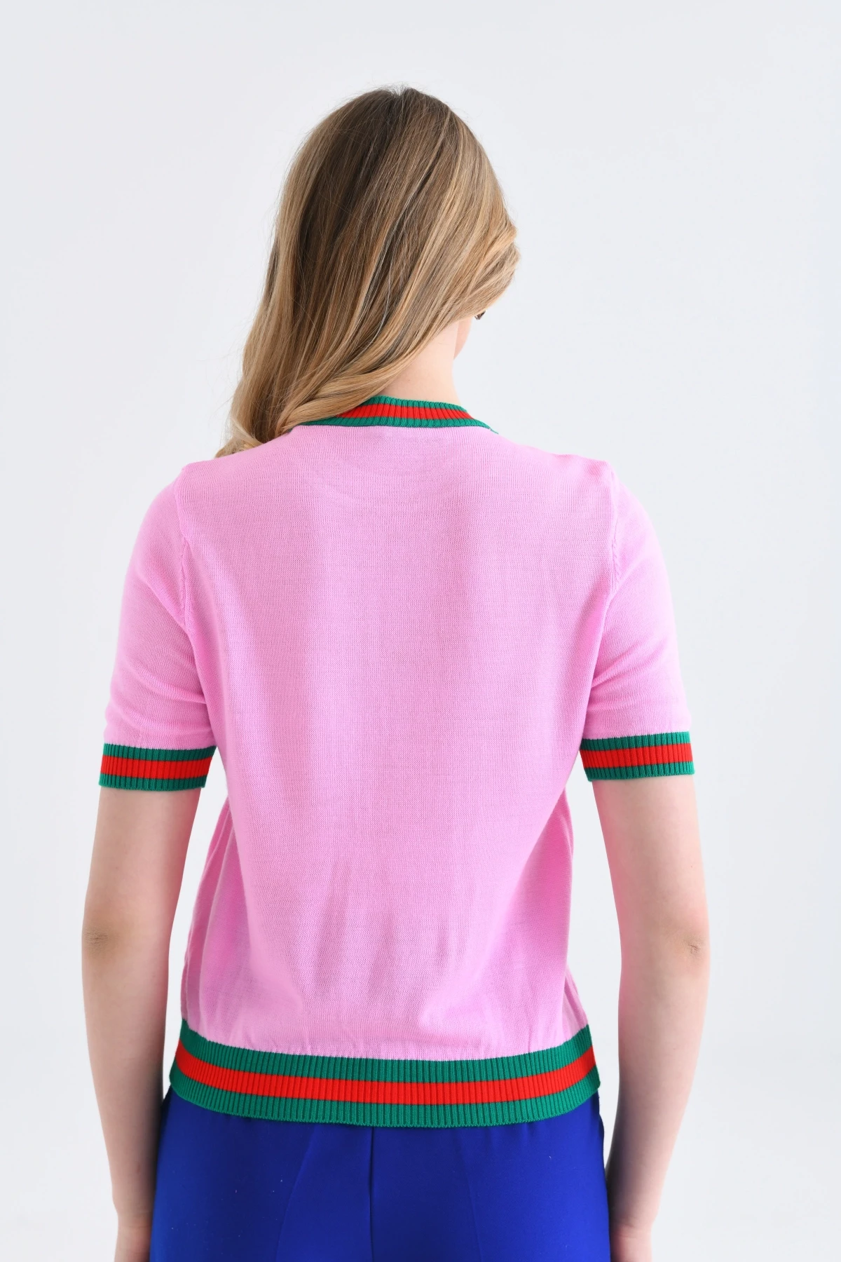 Kadın Bisiklet Yaka Kısa Kol Çizgili Triko Kazak 10216