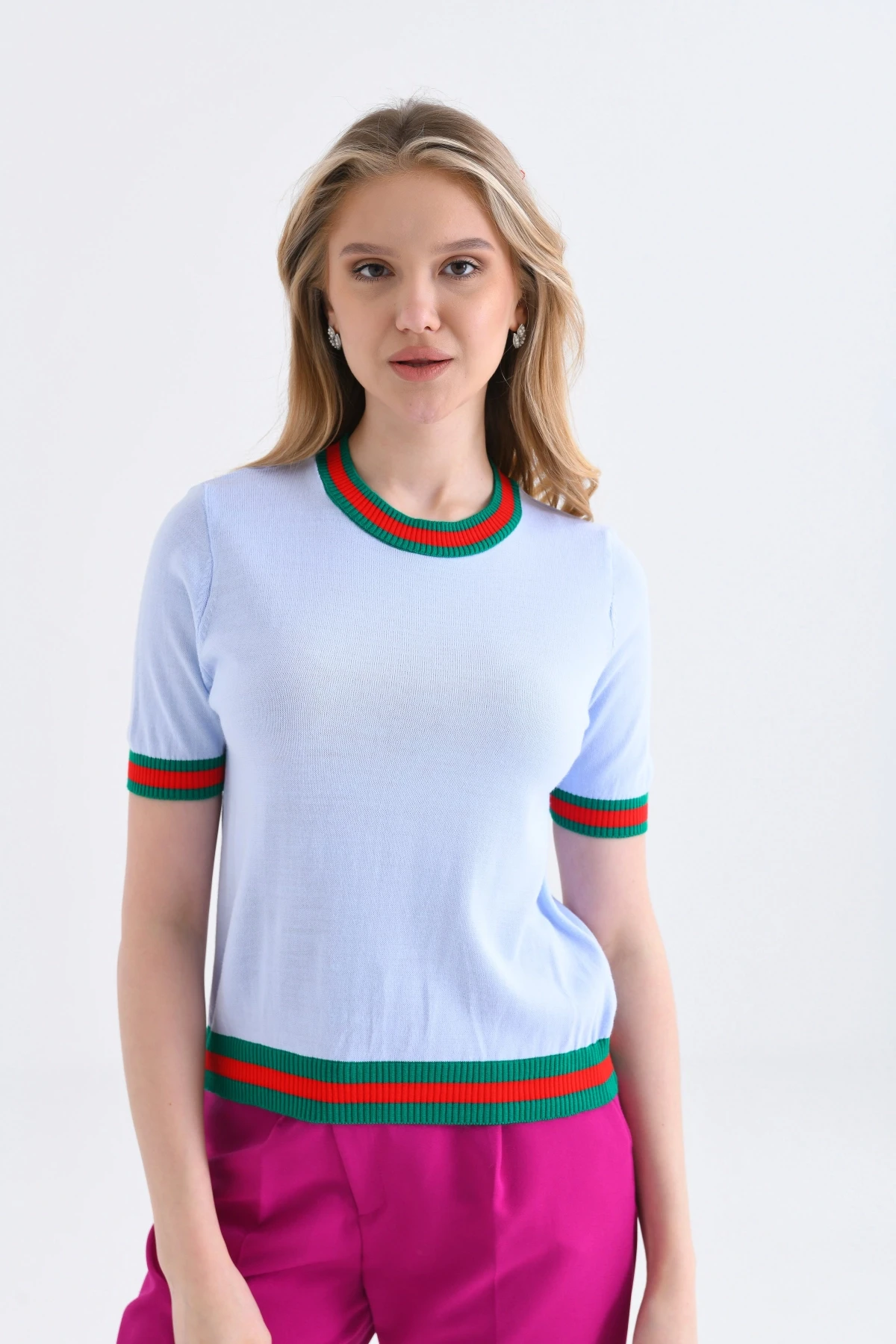 Kadın Bisiklet Yaka Kısa Kol Çizgili Triko Kazak 10216