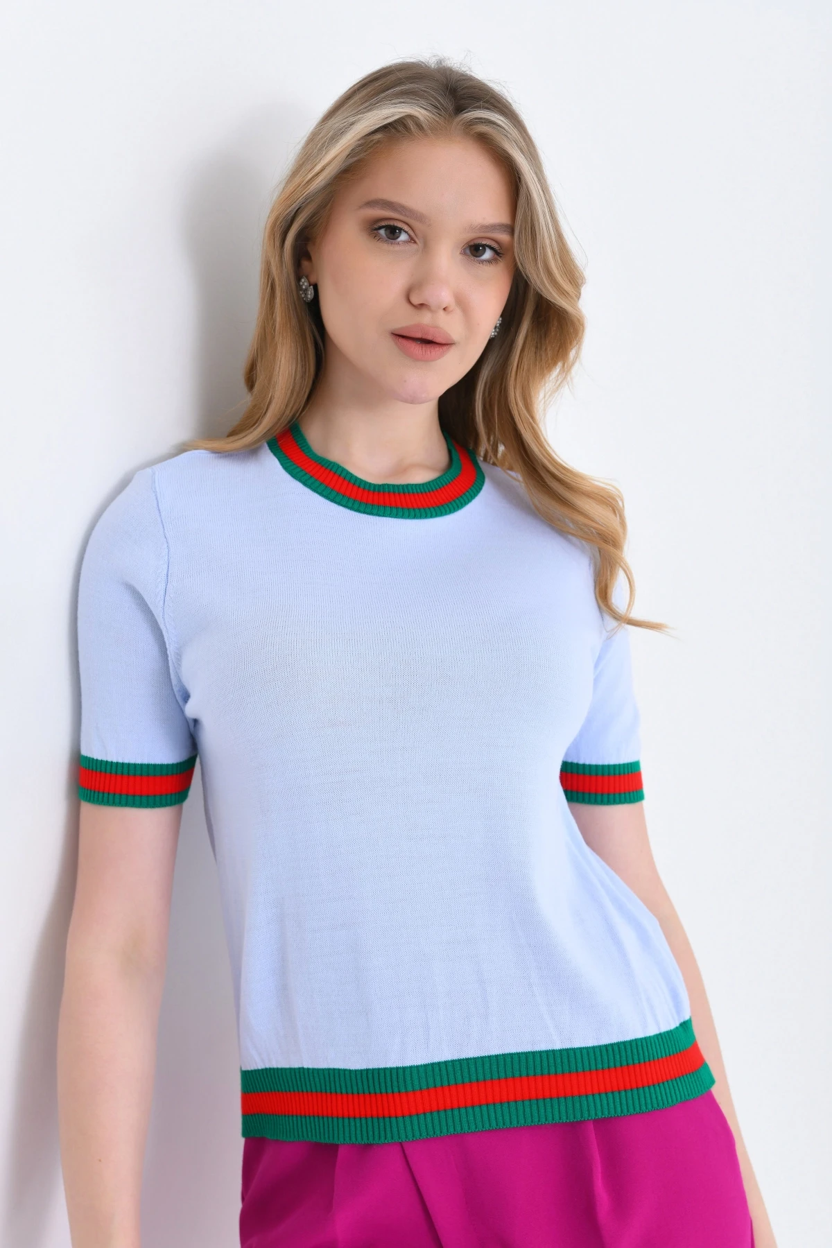 Kadın Bisiklet Yaka Kısa Kol Çizgili Triko Kazak 10216