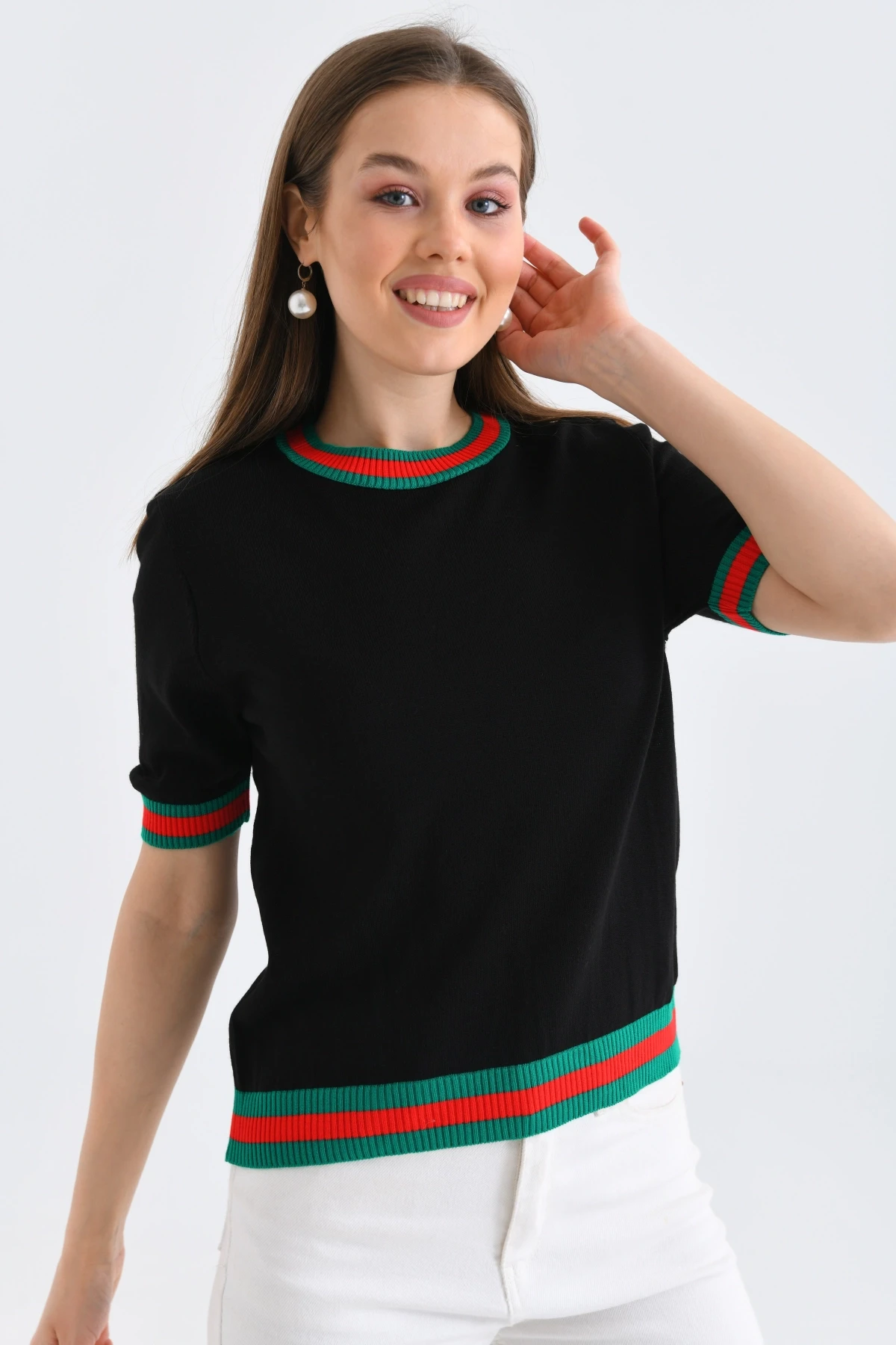 Kadın Bisiklet Yaka Kısa Kol Çizgili Triko Kazak 10216