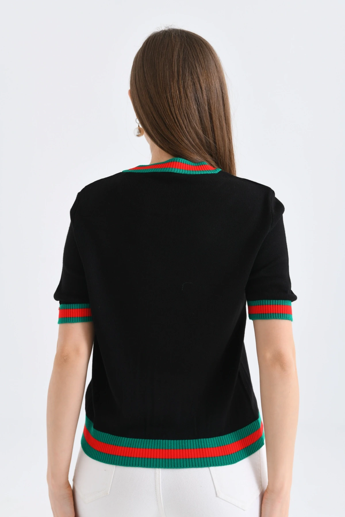 Kadın Bisiklet Yaka Kısa Kol Çizgili Triko Kazak 10216