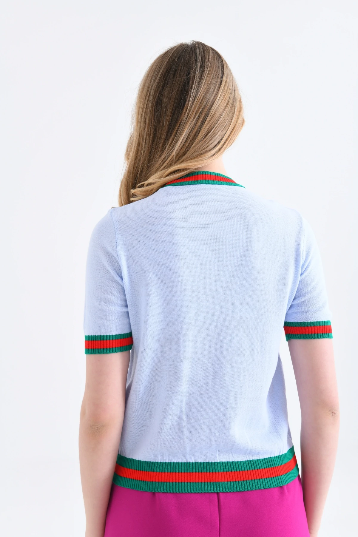 Kadın Bisiklet Yaka Kısa Kol Çizgili Triko Kazak 10216