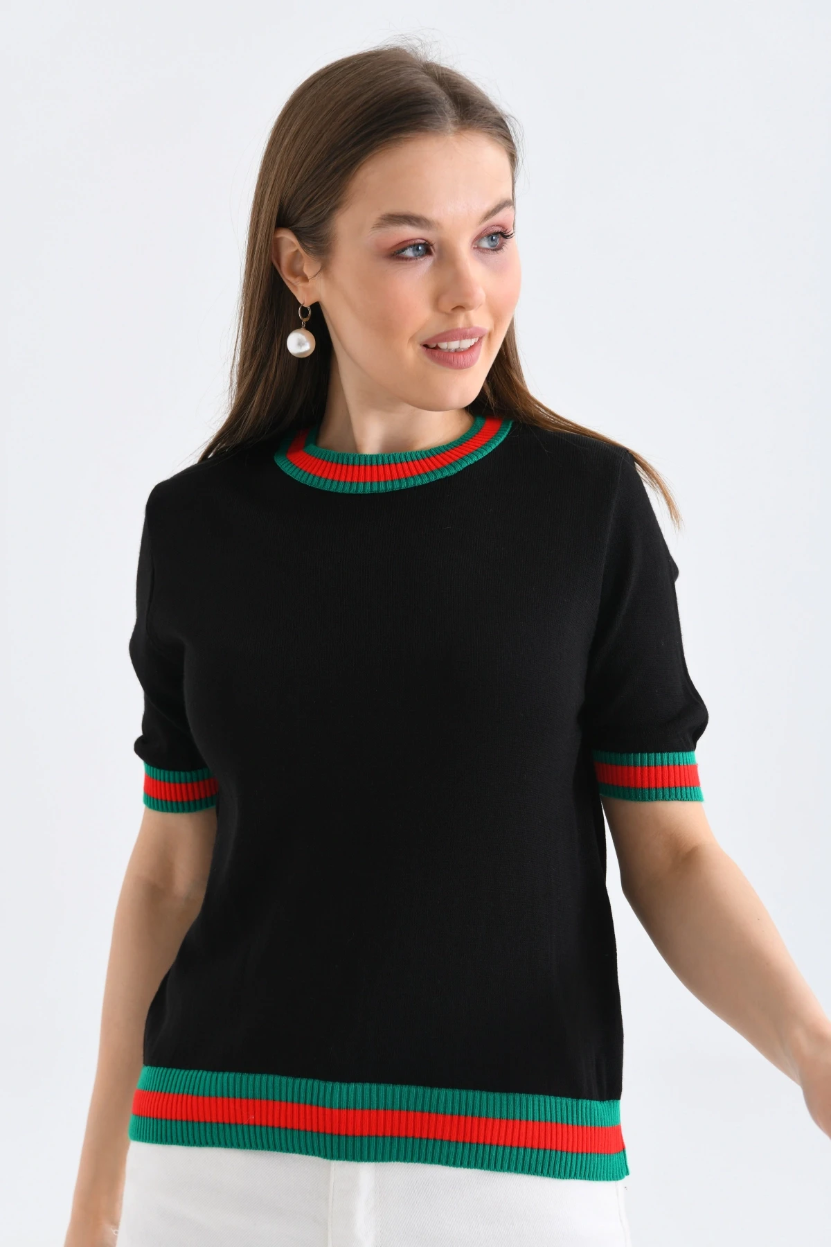 Kadın Bisiklet Yaka Kısa Kol Çizgili Triko Kazak 10216