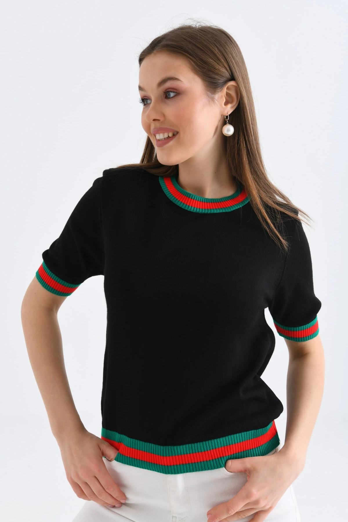 Kadın Bisiklet Yaka Kısa Kol Çizgili Triko Kazak 10216