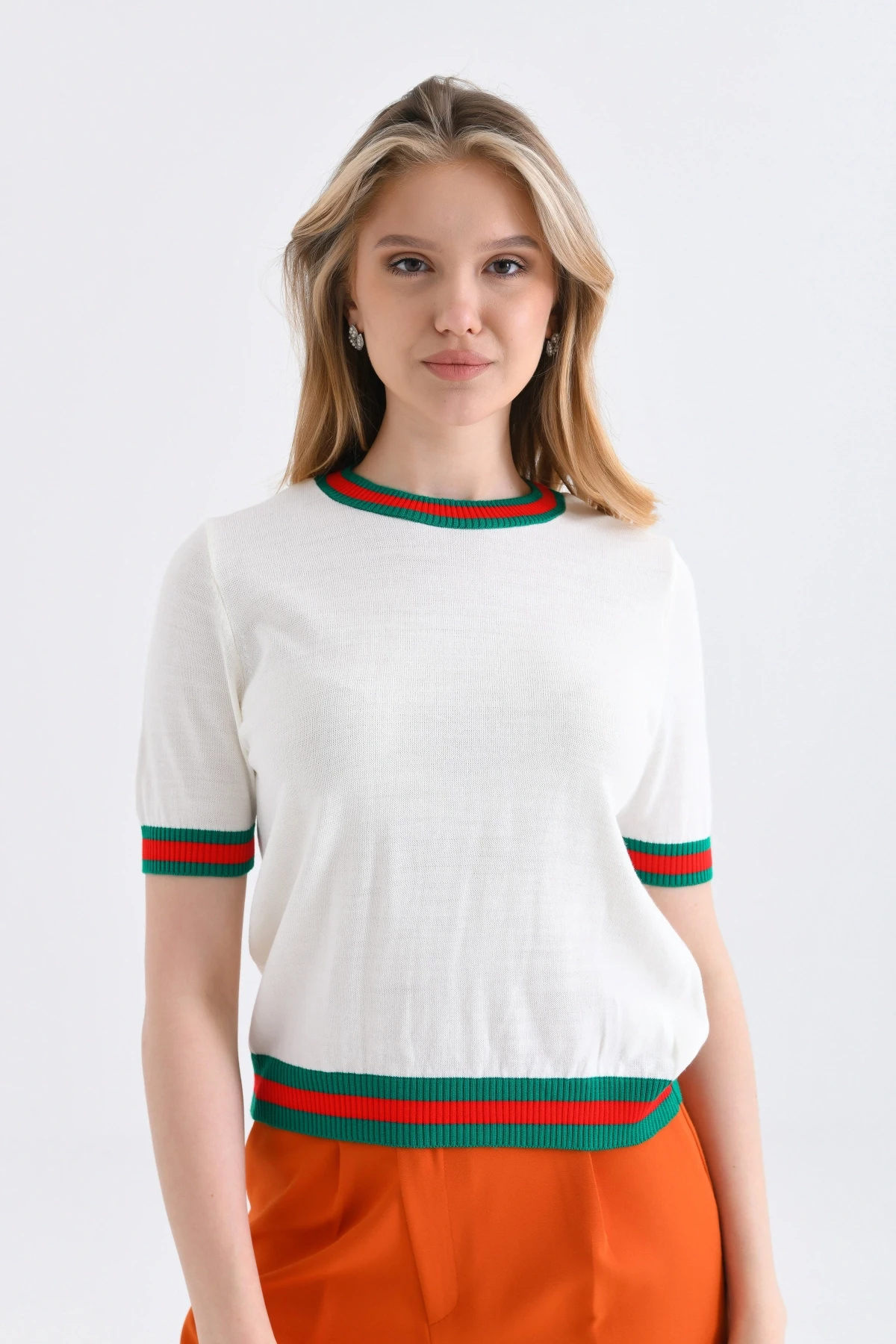 Kadın Bisiklet Yaka Kısa Kol Çizgili Triko Kazak 10216