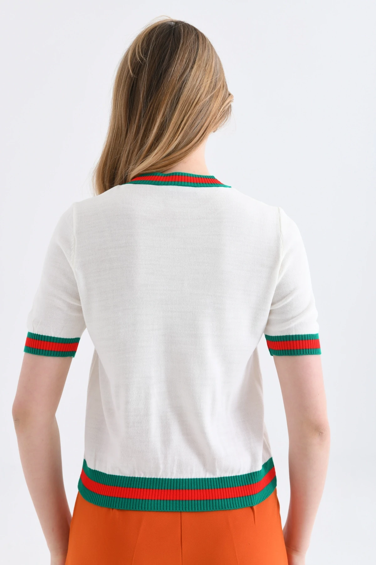 Kadın Bisiklet Yaka Kısa Kol Çizgili Triko Kazak 10216