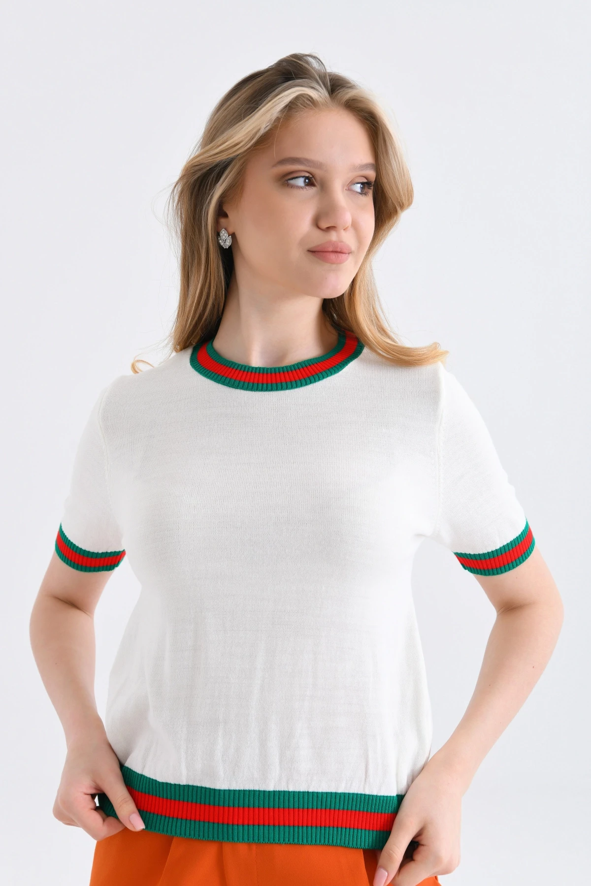 Kadın Bisiklet Yaka Kısa Kol Çizgili Triko Kazak 10216