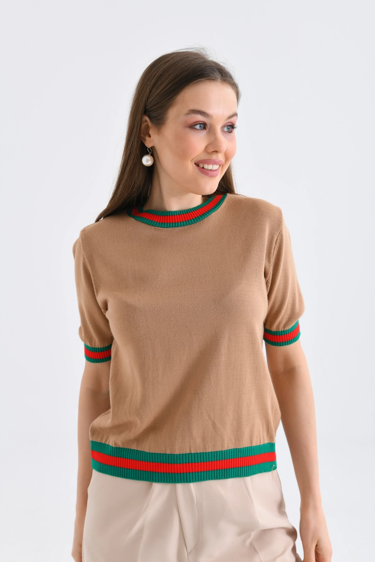 Kadın Bisiklet Yaka Kısa Kol Çizgili Triko Kazak 10216