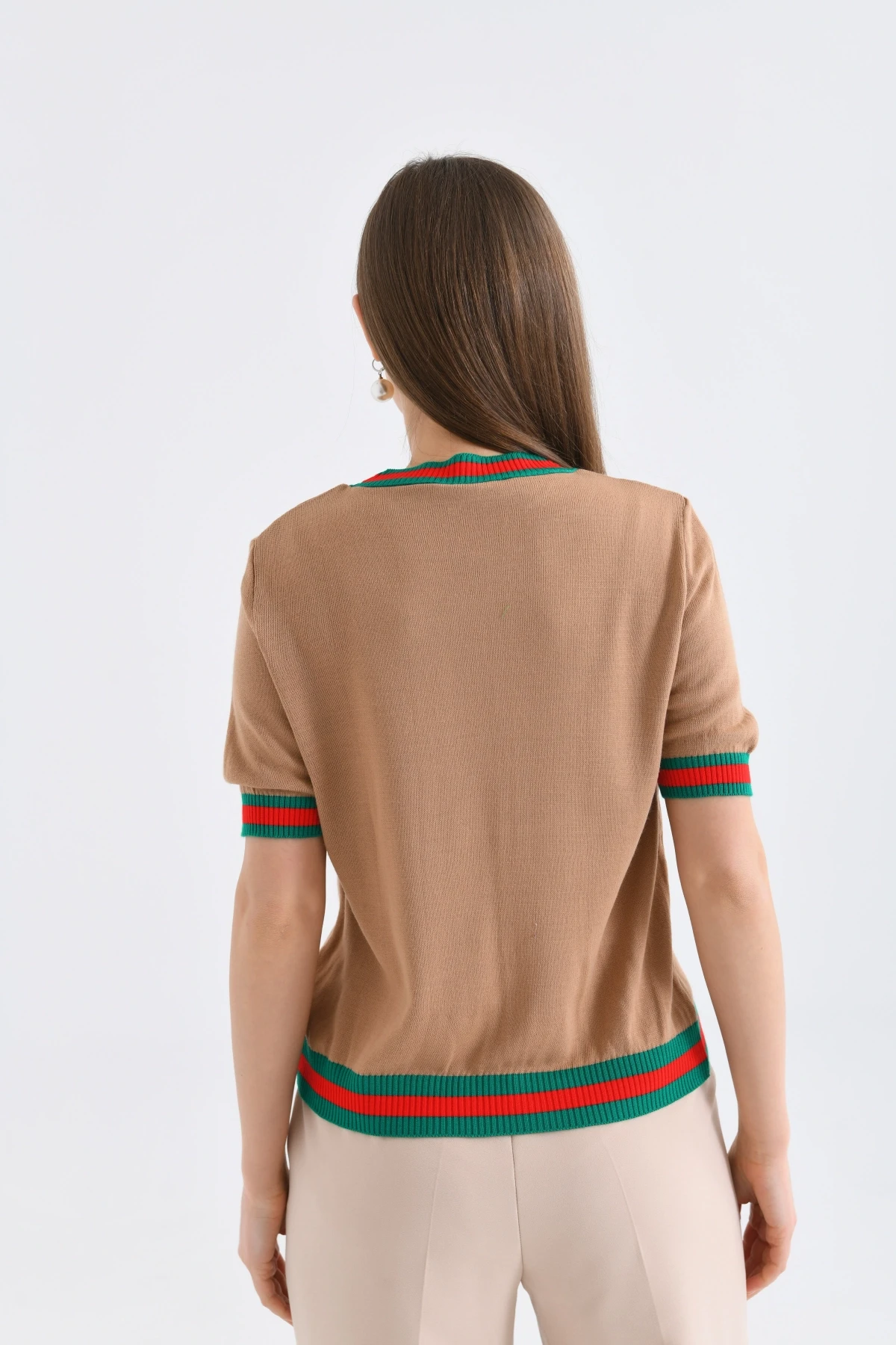 Kadın Bisiklet Yaka Kısa Kol Çizgili Triko Kazak 10216