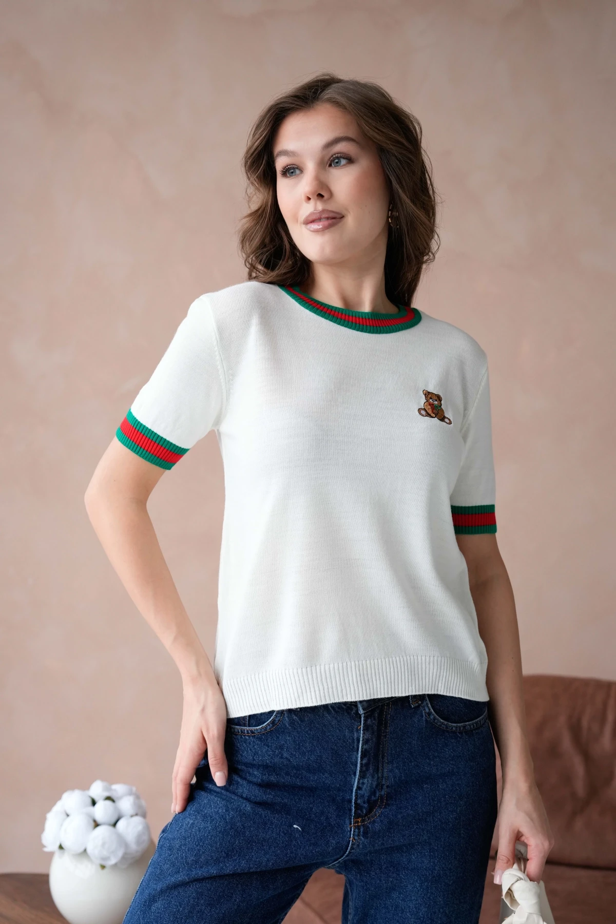 Kadın Bisiklet Yaka Kısa Kol Çizgili Triko Kazak 10229