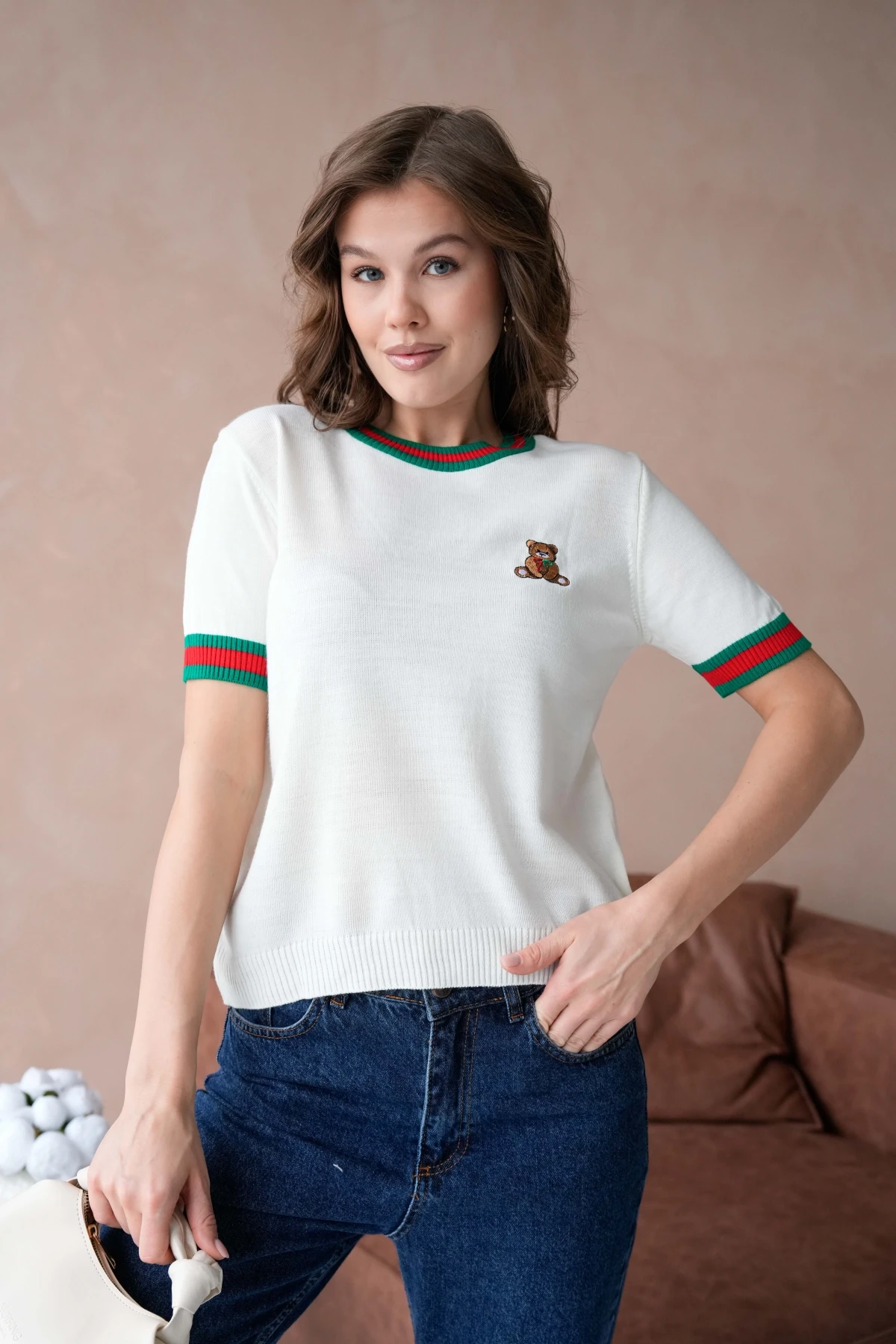 Kadın Bisiklet Yaka Kısa Kol Çizgili Triko Kazak 10229