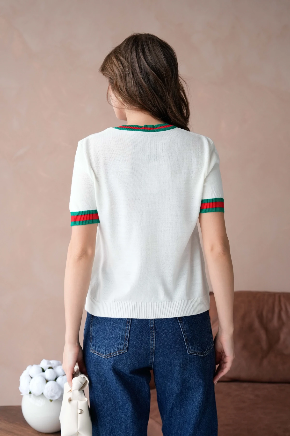 Kadın Bisiklet Yaka Kısa Kol Çizgili Triko Kazak 10229