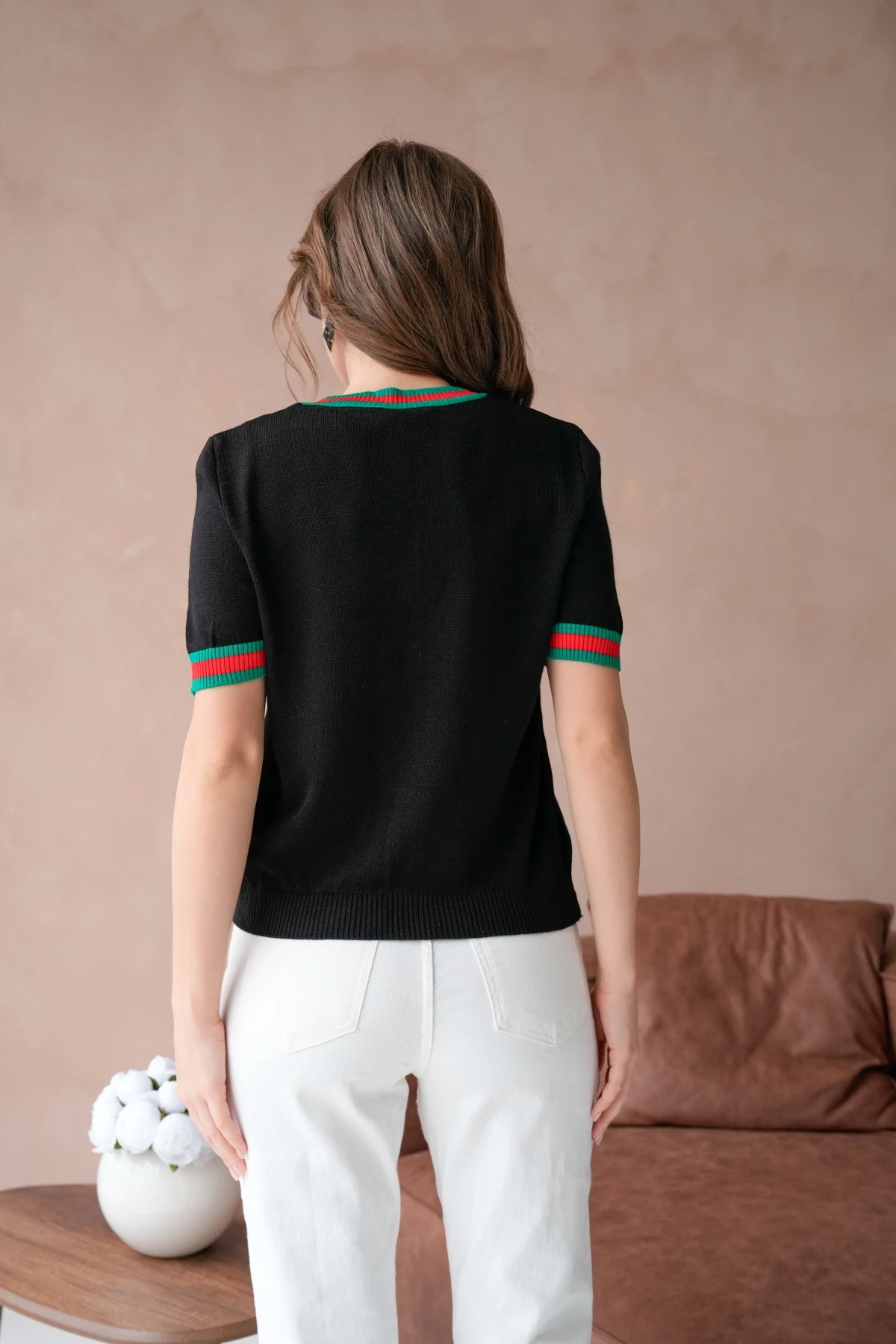 Kadın Bisiklet Yaka Kısa Kol Çizgili Triko Kazak 10229