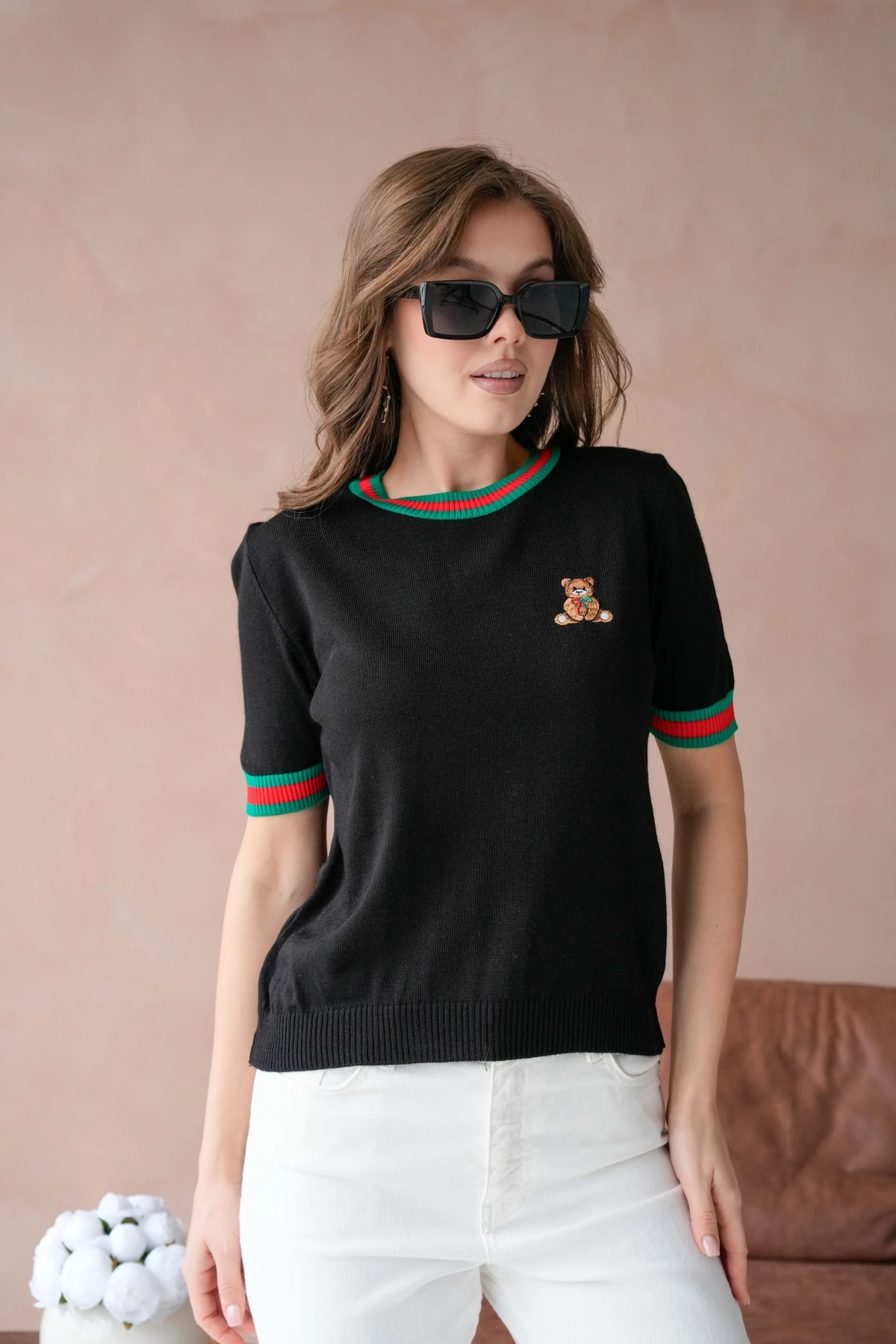 Kadın Bisiklet Yaka Kısa Kol Çizgili Triko Kazak 10229