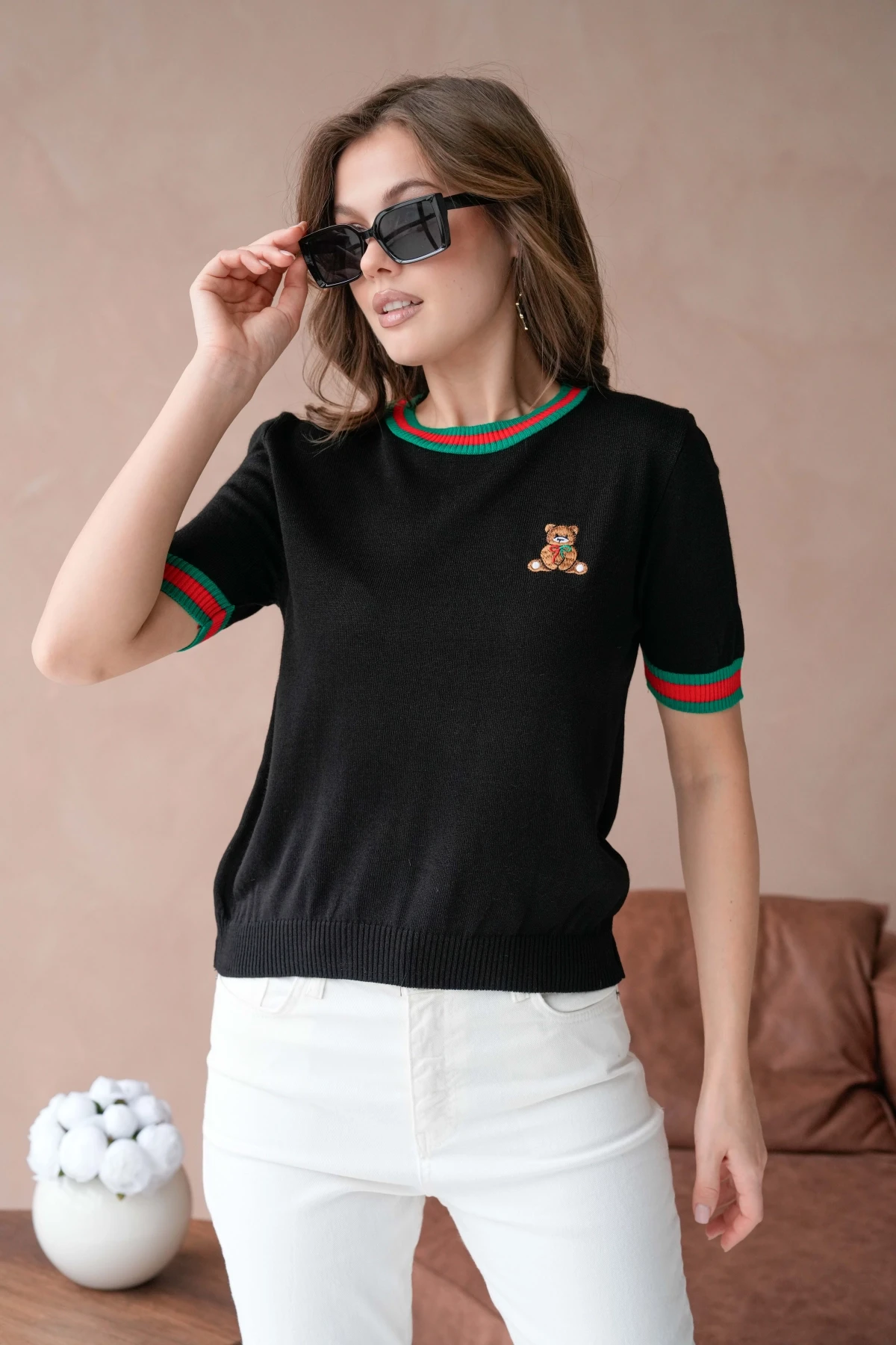 Kadın Bisiklet Yaka Kısa Kol Çizgili Triko Kazak 10229