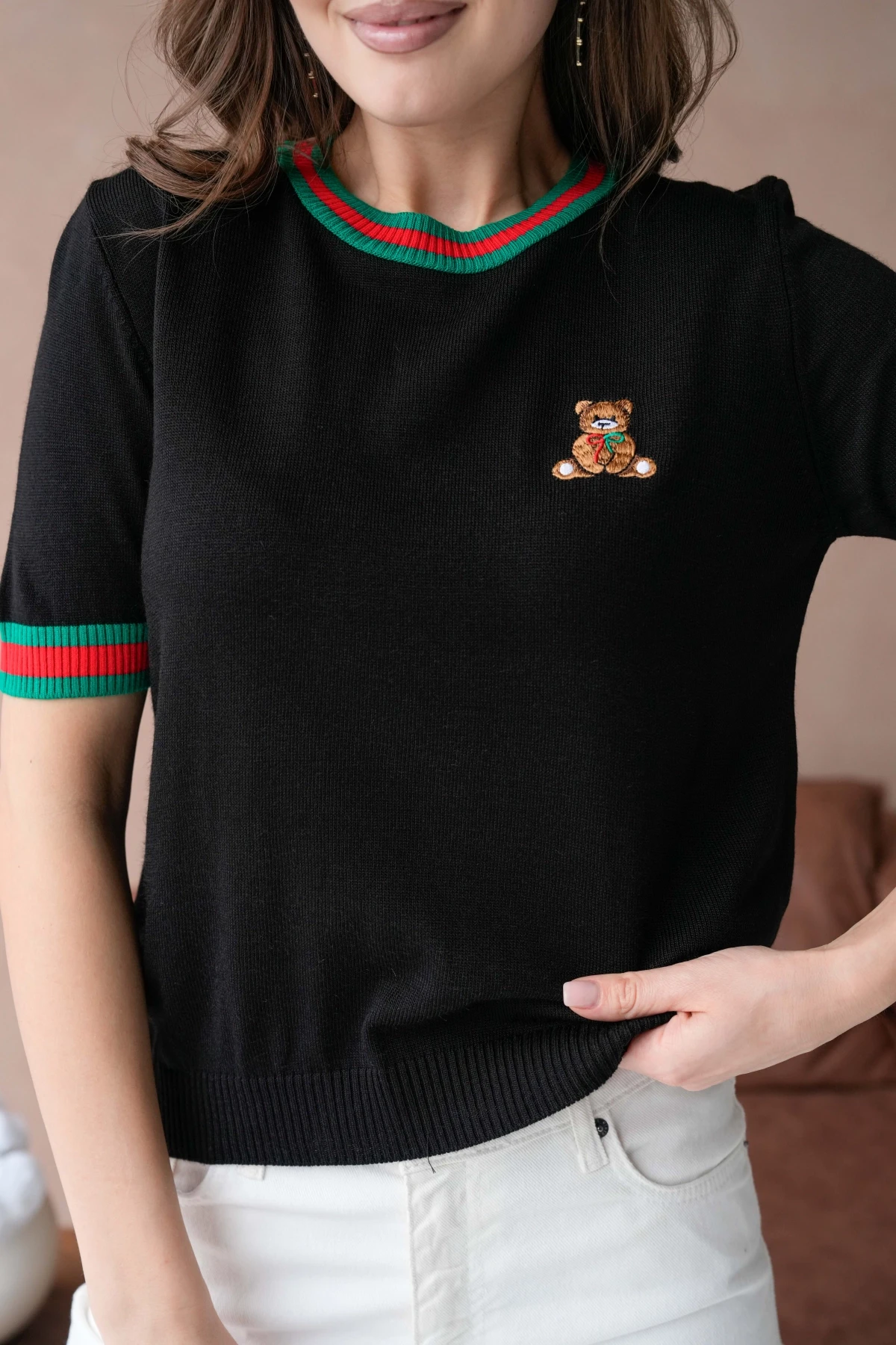 Kadın Bisiklet Yaka Kısa Kol Çizgili Triko Kazak 10229