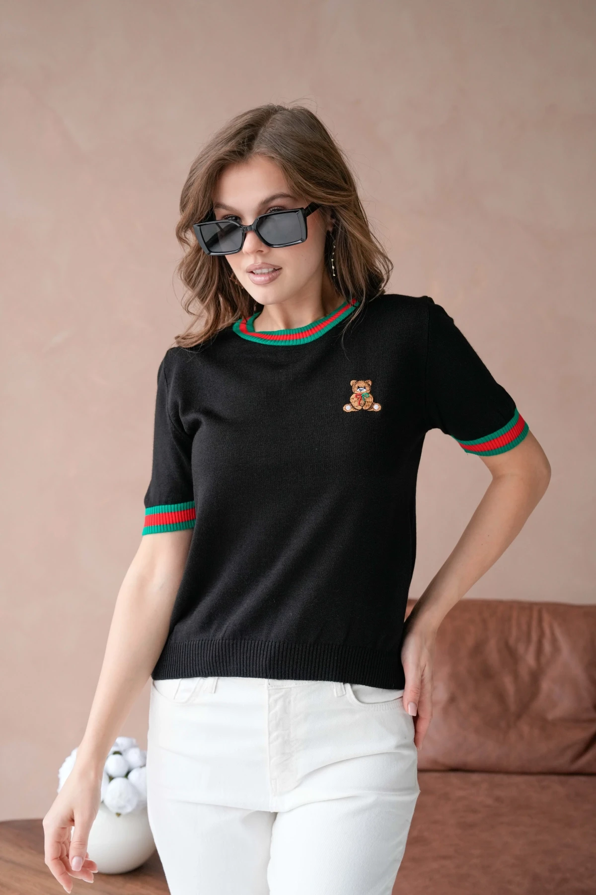 Kadın Bisiklet Yaka Kısa Kol Çizgili Triko Kazak 10229