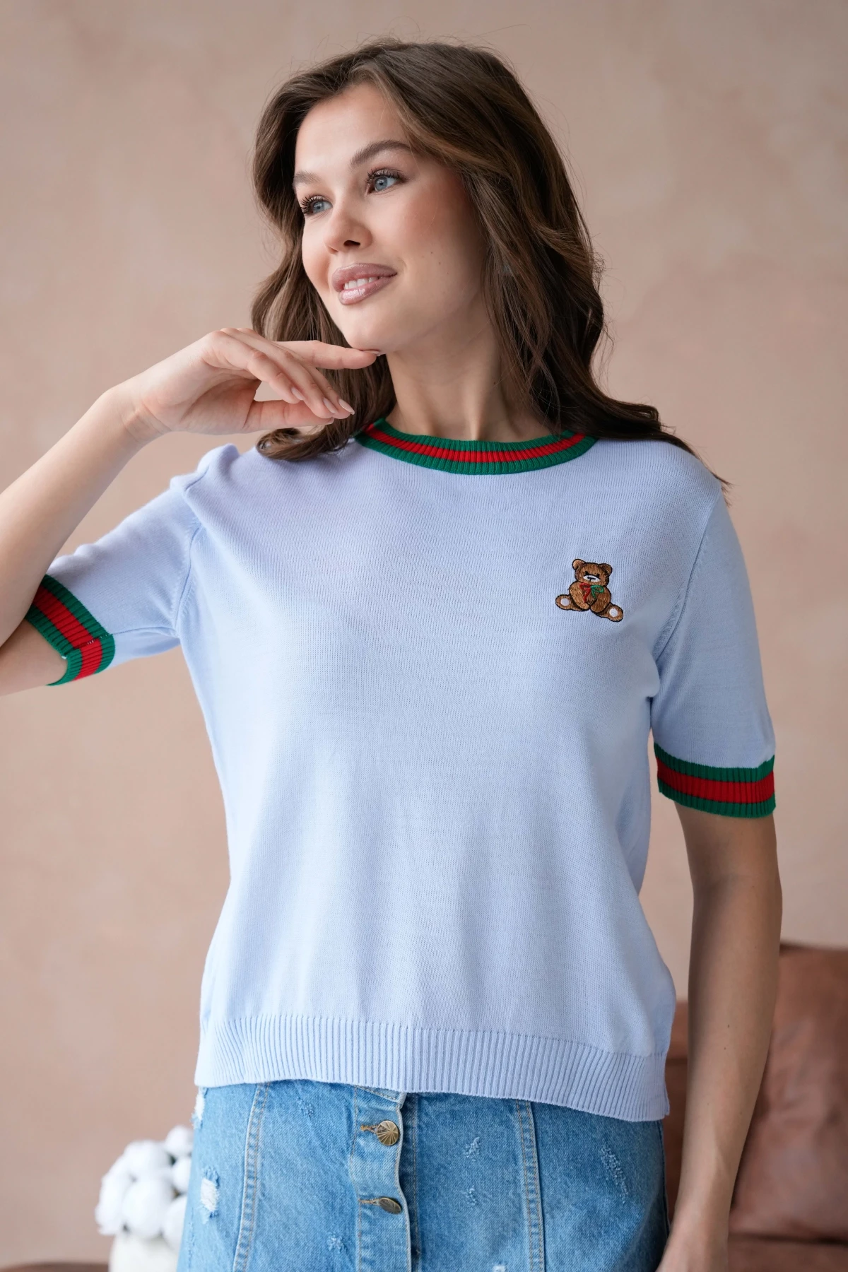 Kadın Bisiklet Yaka Kısa Kol Çizgili Triko Kazak 10229