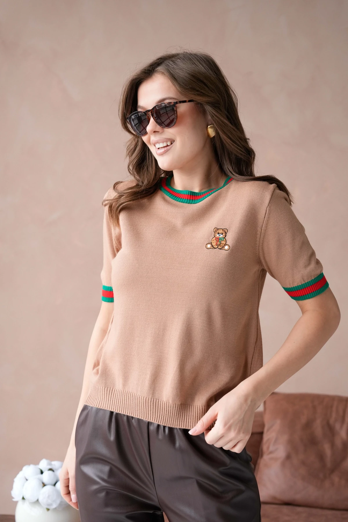 Kadın Bisiklet Yaka Kısa Kol Çizgili Triko Kazak 10229