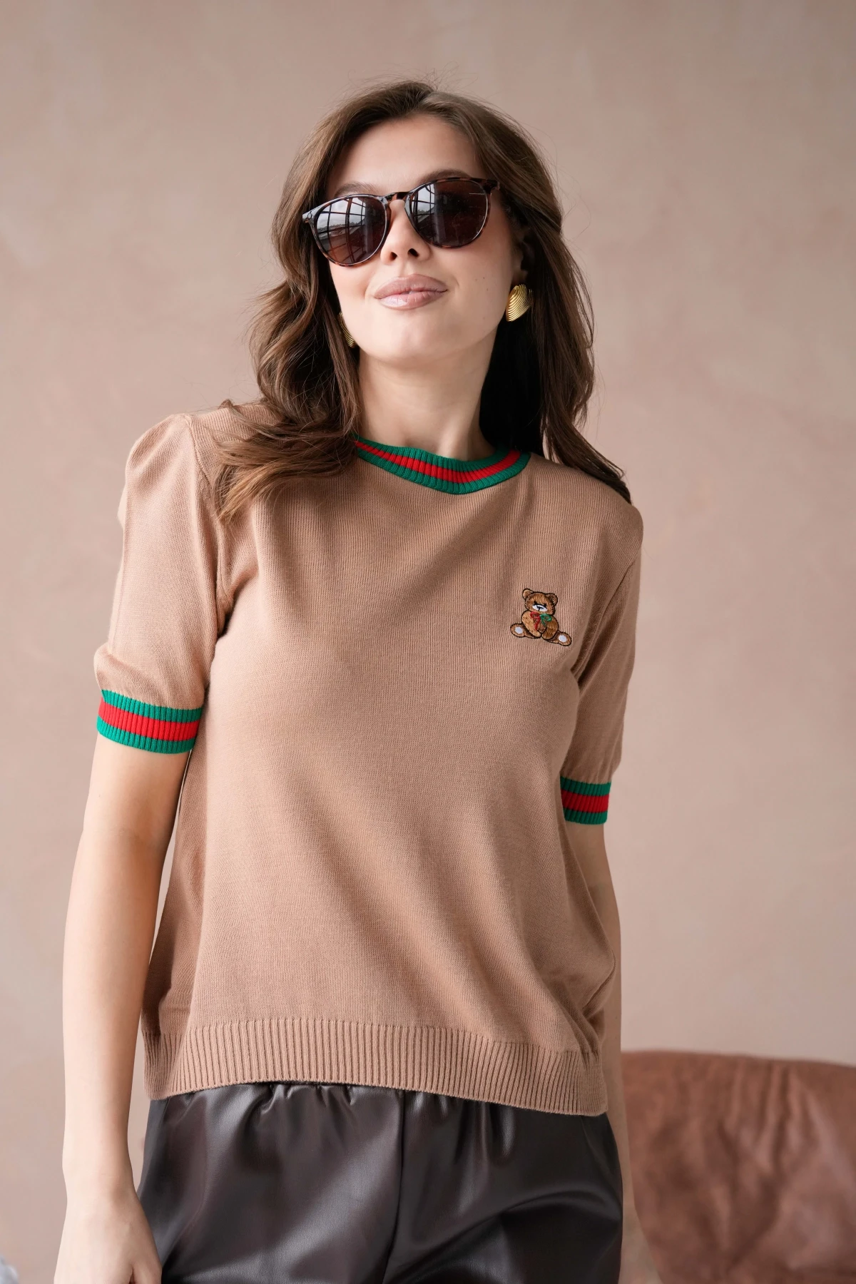 Kadın Bisiklet Yaka Kısa Kol Çizgili Triko Kazak 10229