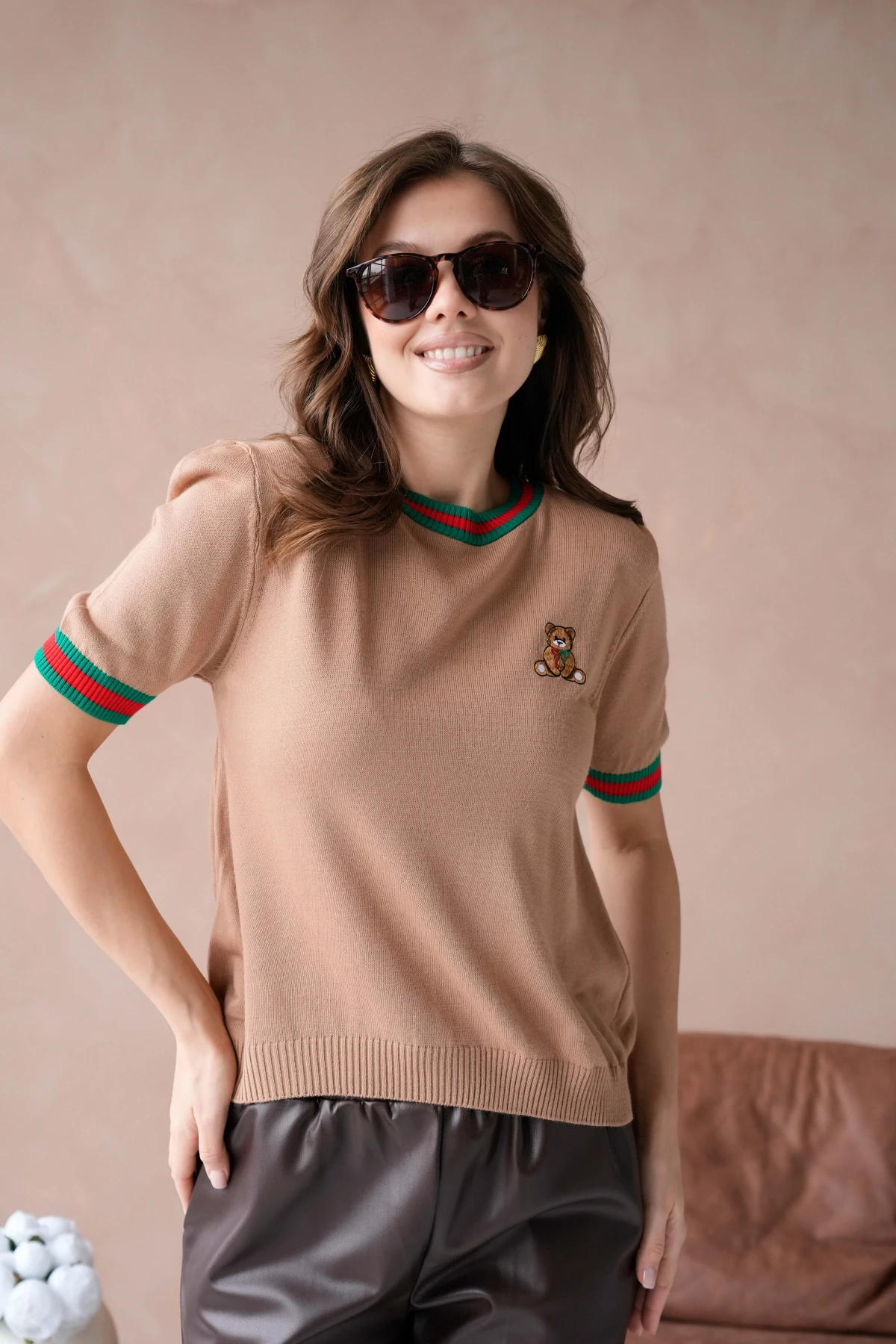 Kadın Bisiklet Yaka Kısa Kol Çizgili Triko Kazak 10229