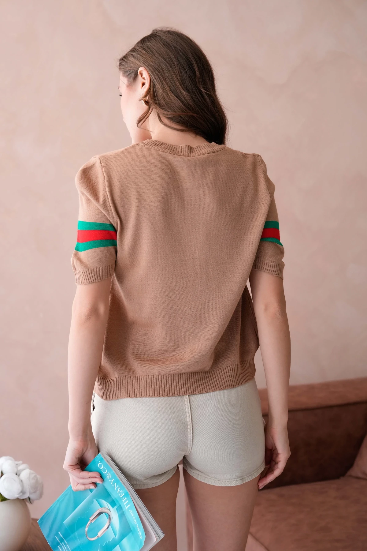 Kadın Bisiklet Yaka Kısa Kol Nakış İşlemeli Triko Kazak 10185