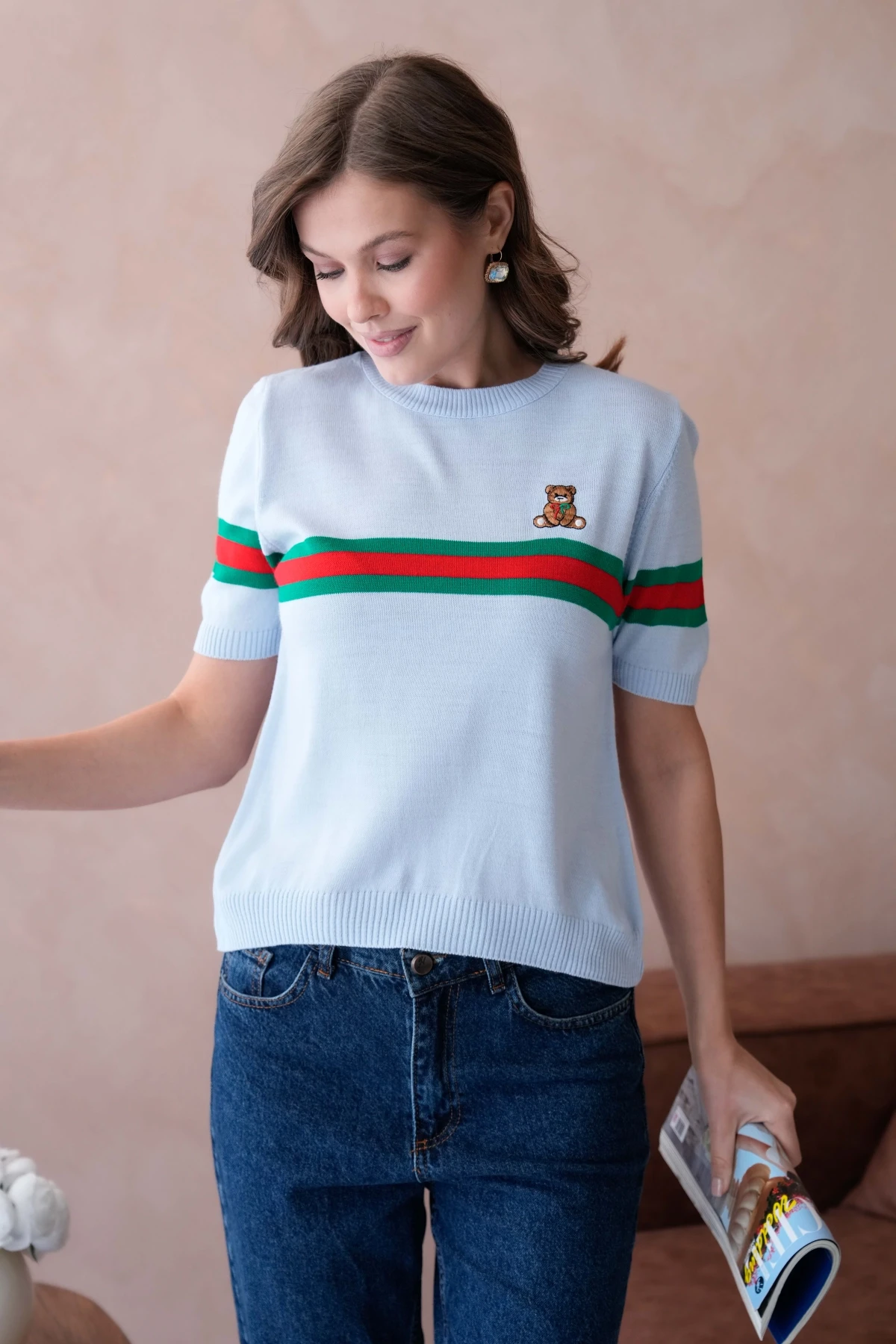 Kadın Bisiklet Yaka Kısa Kol Nakış İşlemeli Triko Kazak 10185