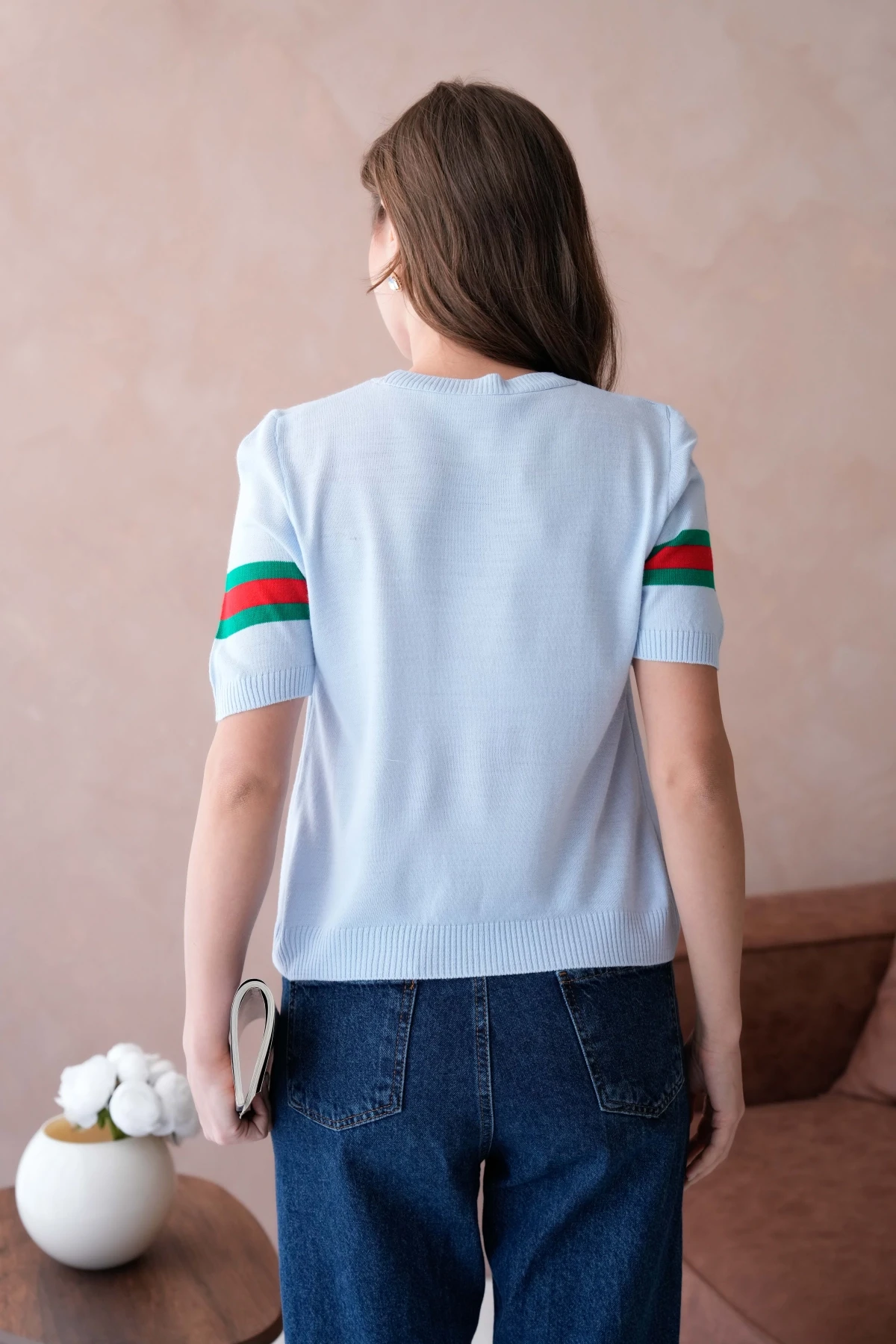 Kadın Bisiklet Yaka Kısa Kol Nakış İşlemeli Triko Kazak 10185