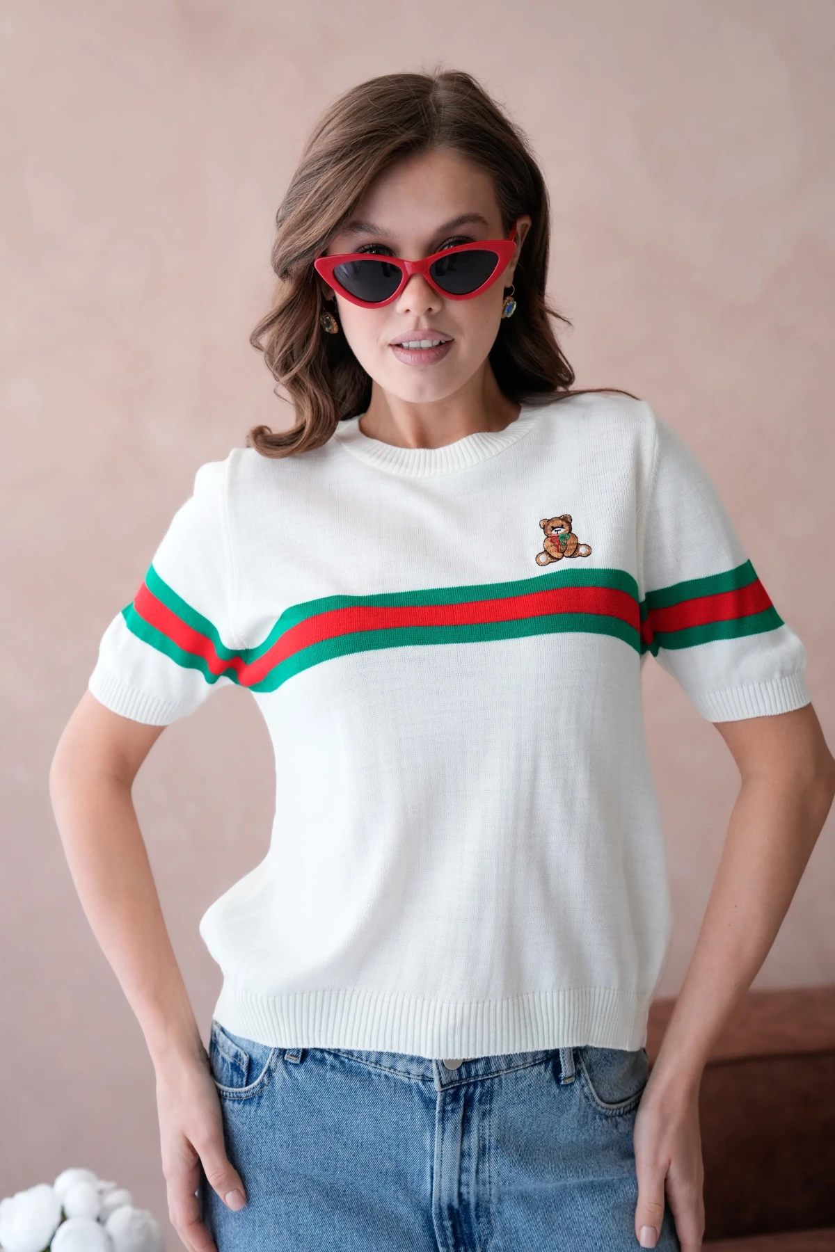 Kadın Bisiklet Yaka Kısa Kol Nakış İşlemeli Triko Kazak 10185