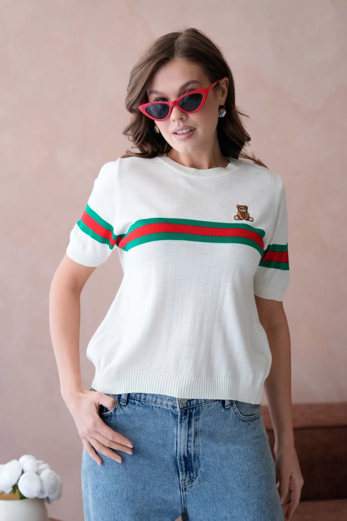 Kadın Bisiklet Yaka Kısa Kol Nakış İşlemeli Triko Kazak 10185