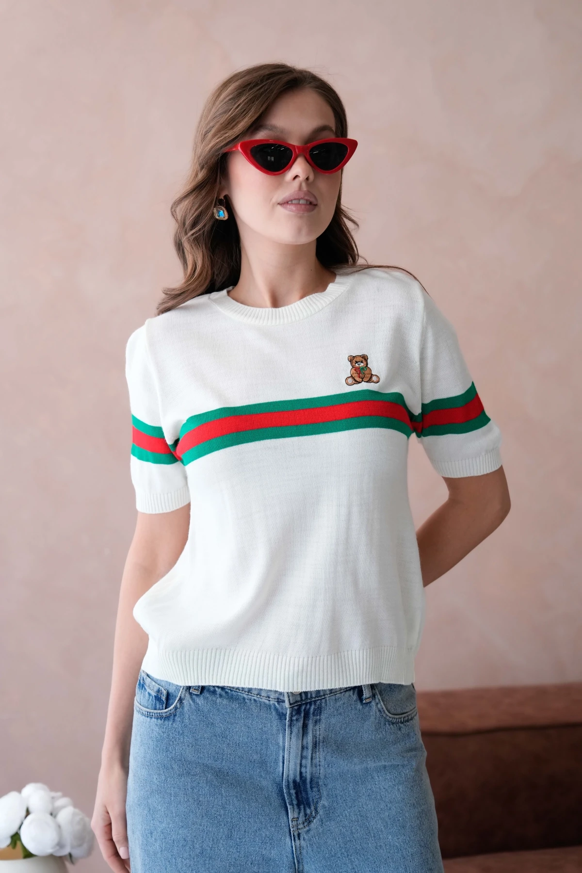 Kadın Bisiklet Yaka Kısa Kol Nakış İşlemeli Triko Kazak 10185