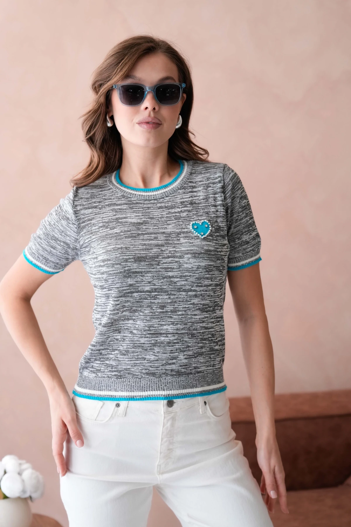 Kadın Bisiklet Yaka Kısa Kol Taş İşlemeli Triko Kazak 12040