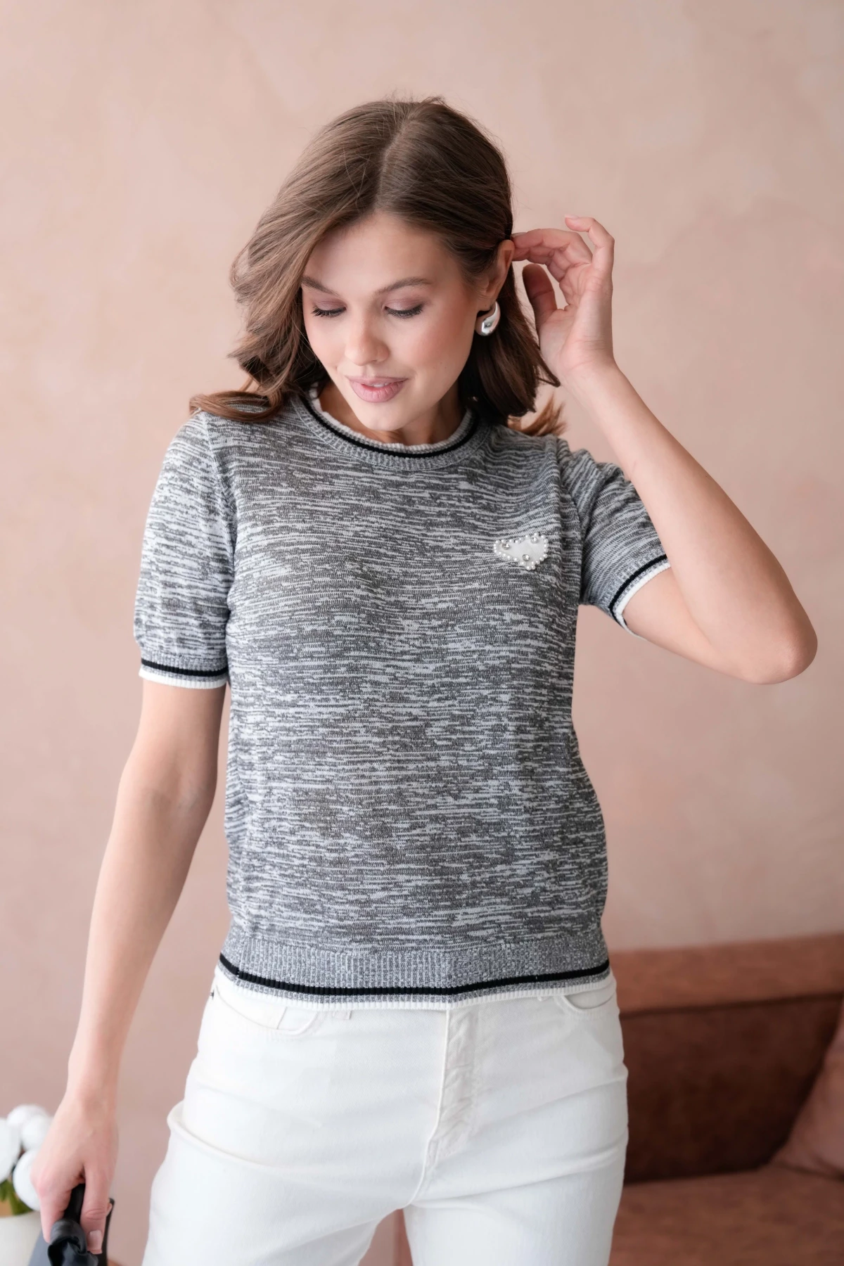 Kadın Bisiklet Yaka Kısa Kol Taş İşlemeli Triko Kazak 12040