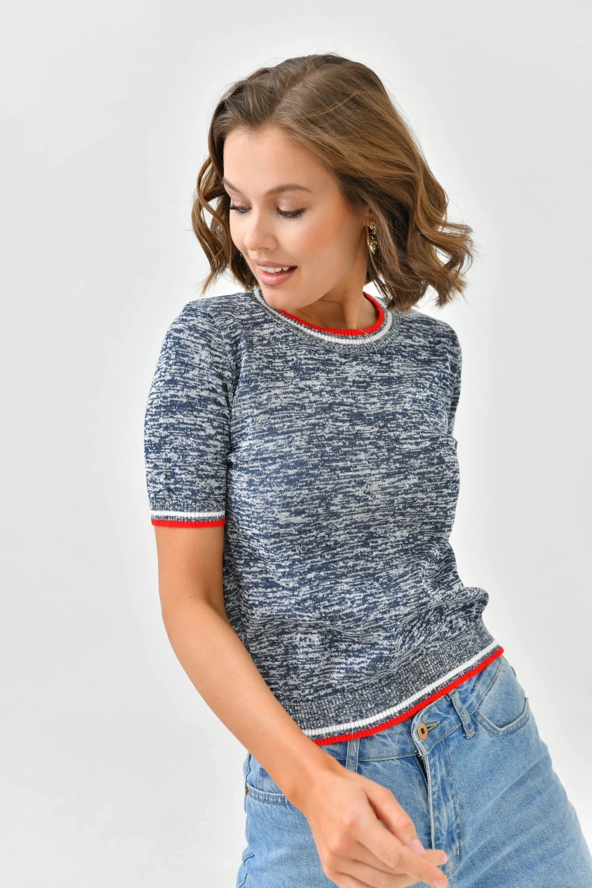 Kadın Bisiklet Yaka Kısa Kol Triko Kazak 10192