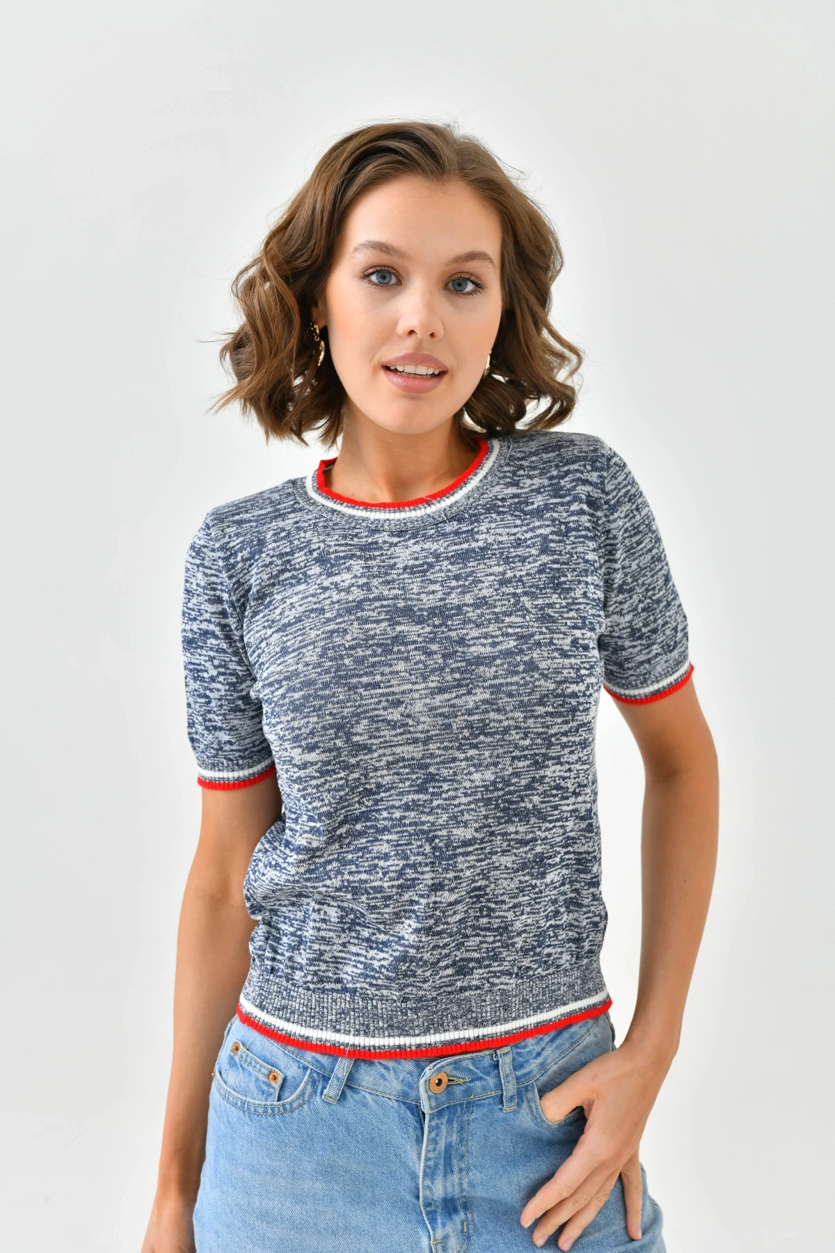 Kadın Bisiklet Yaka Kısa Kol Triko Kazak 10192