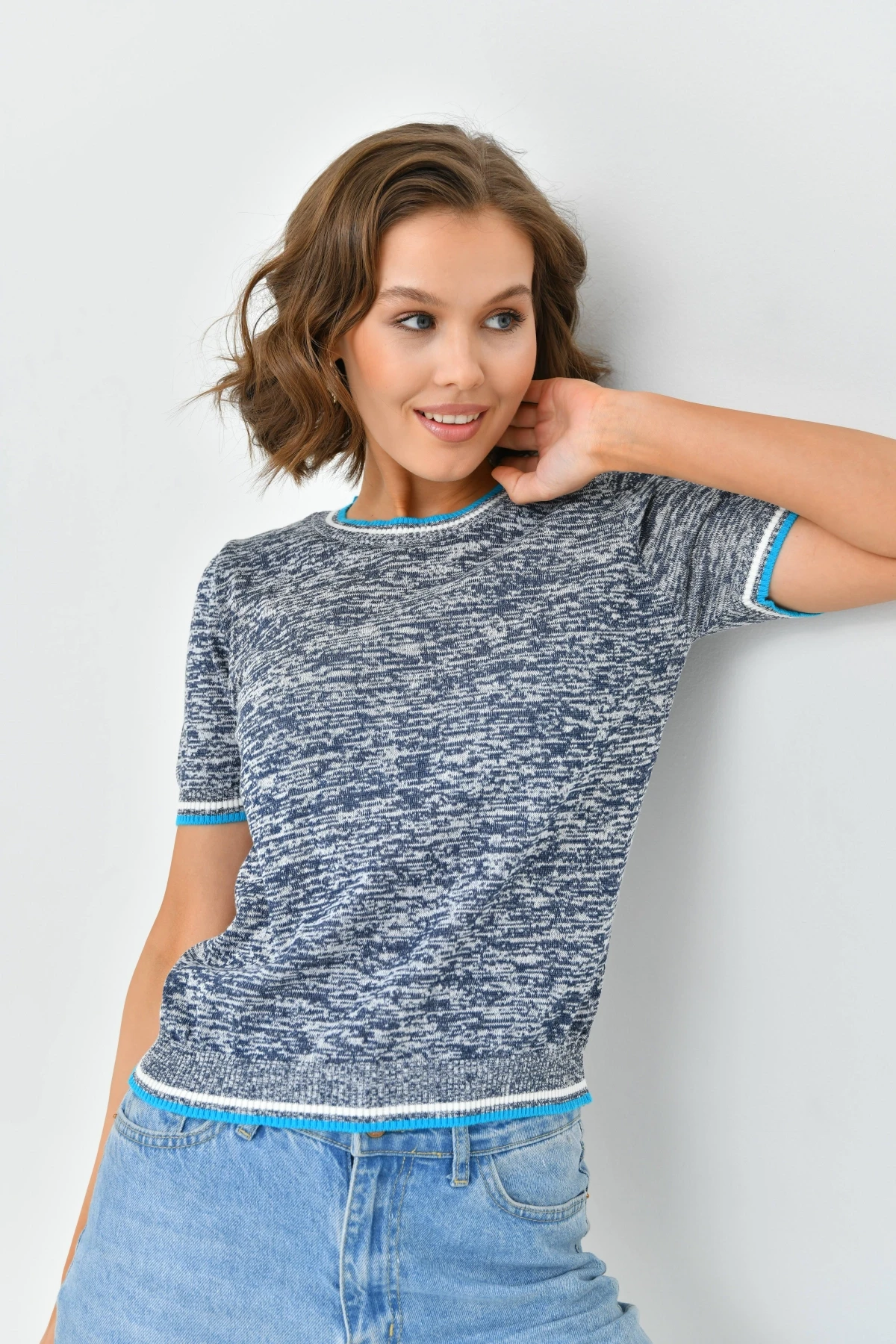 Kadın Bisiklet Yaka Kısa Kol Triko Kazak 10192