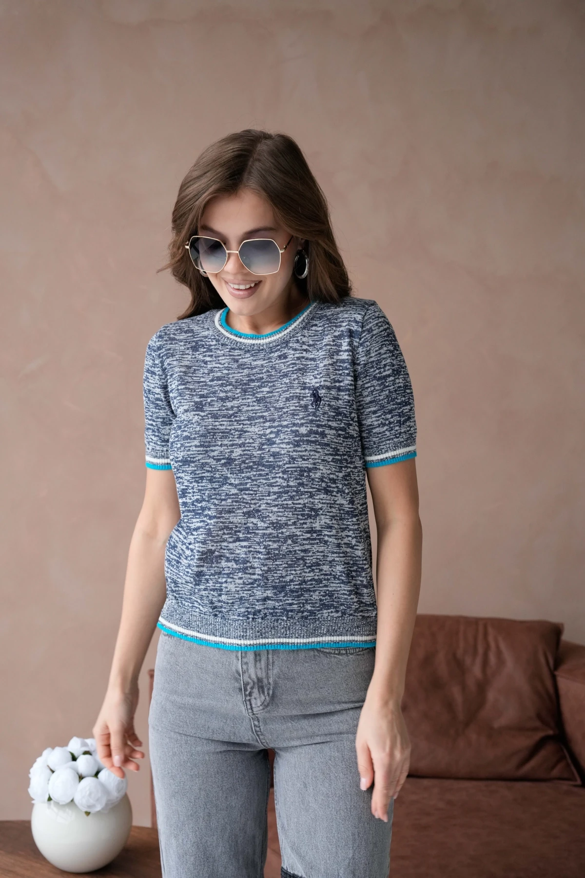 Kadın Bisiklet Yaka Kısa Kol Yumuşak Dokulu Triko Kazak 12033