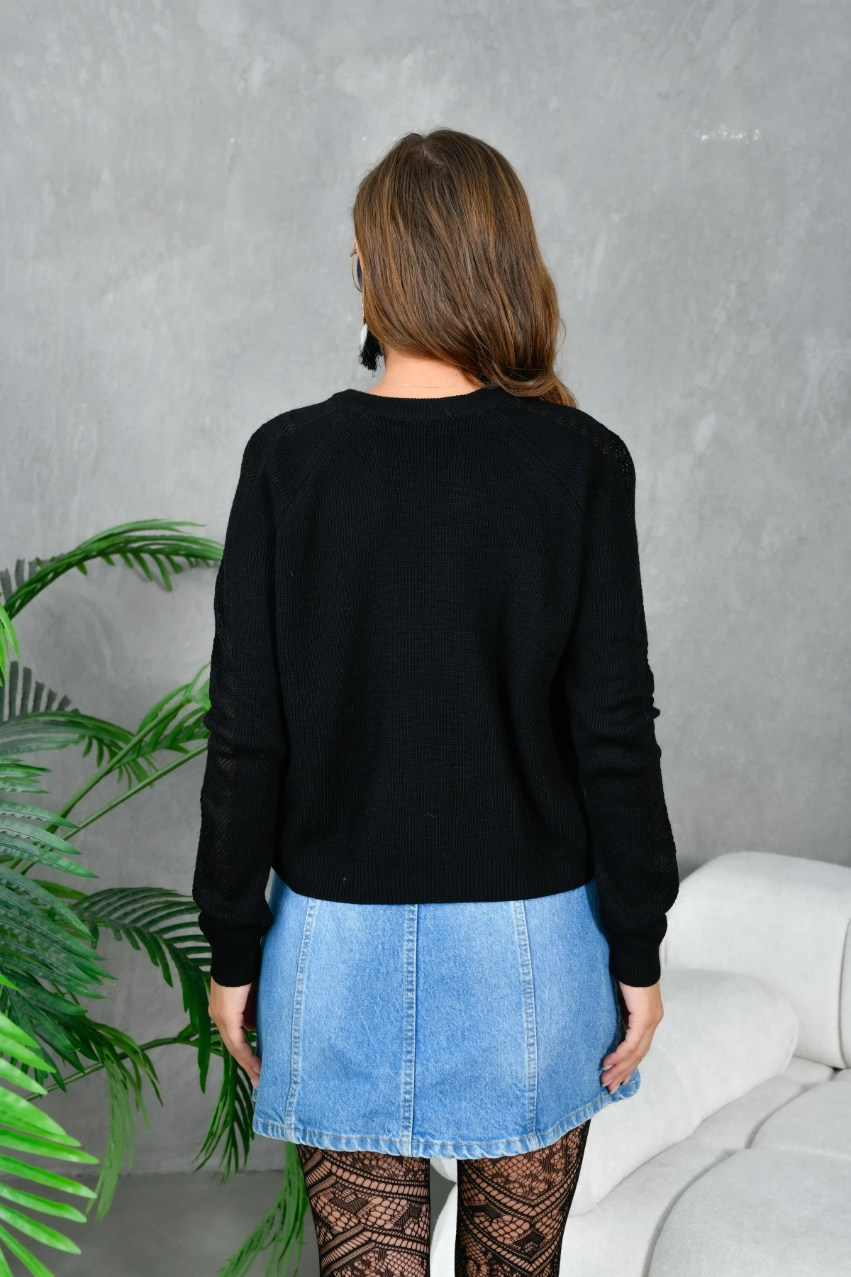 Kadın Bisiklet Yaka Kolları Ajurlu Basic Triko Kazak