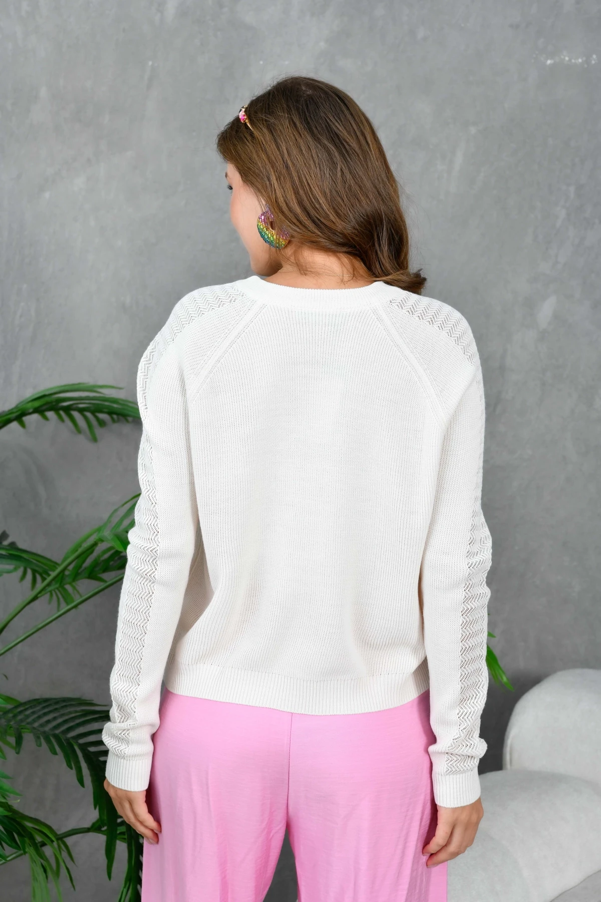 Kadın Bisiklet Yaka Kolları Ajurlu Basic Triko Kazak