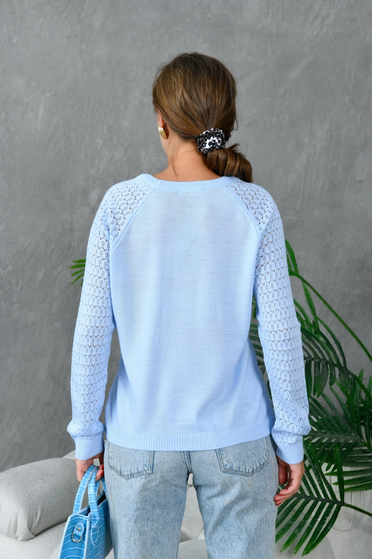 Kadın Bisiklet Yaka Kolları Ajurlu Basic Triko Kazak