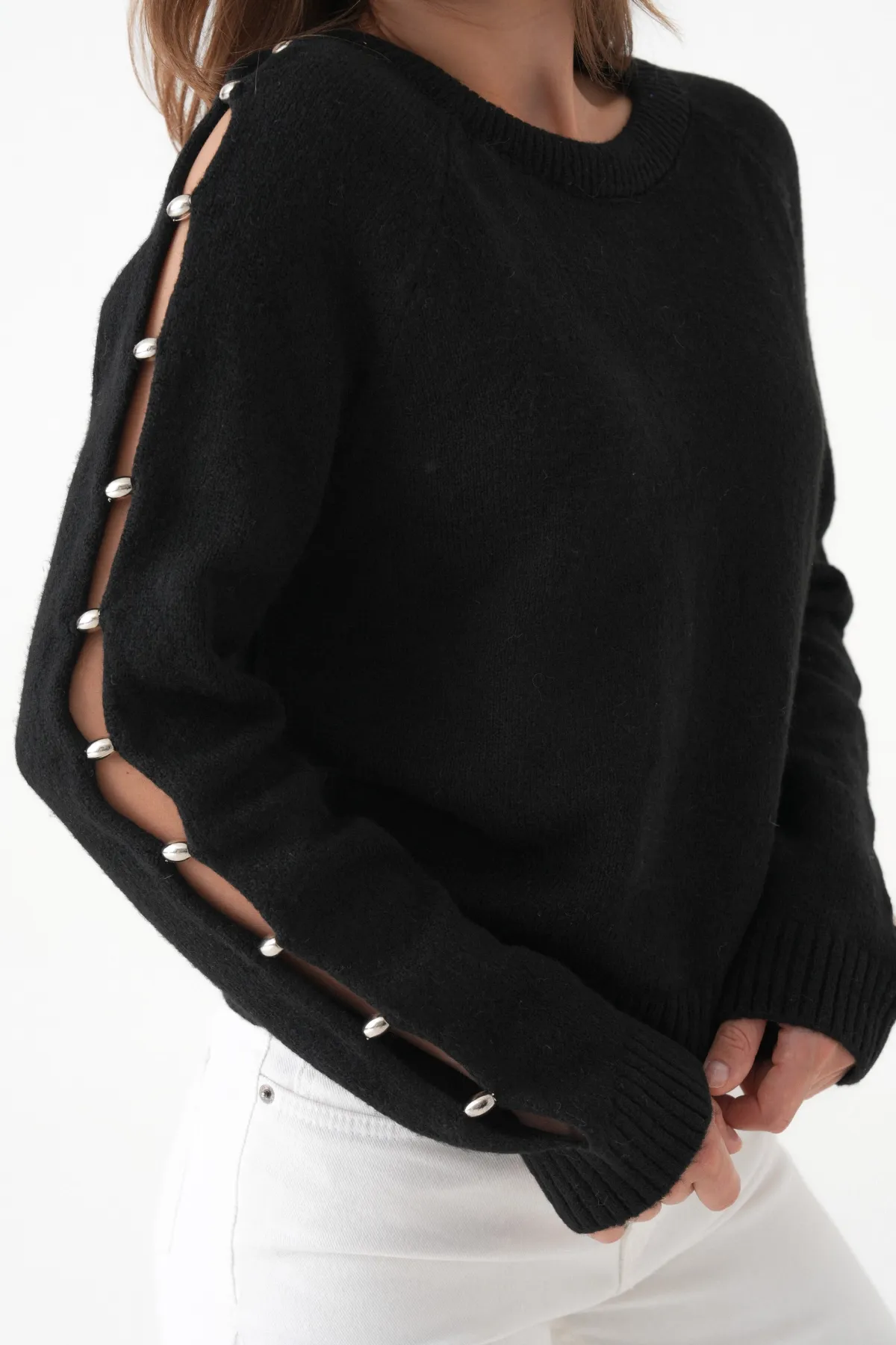 Kadın Bisiklet Yaka Kolları Boncuk Detay Yumuşak Dokulu Triko Kazak