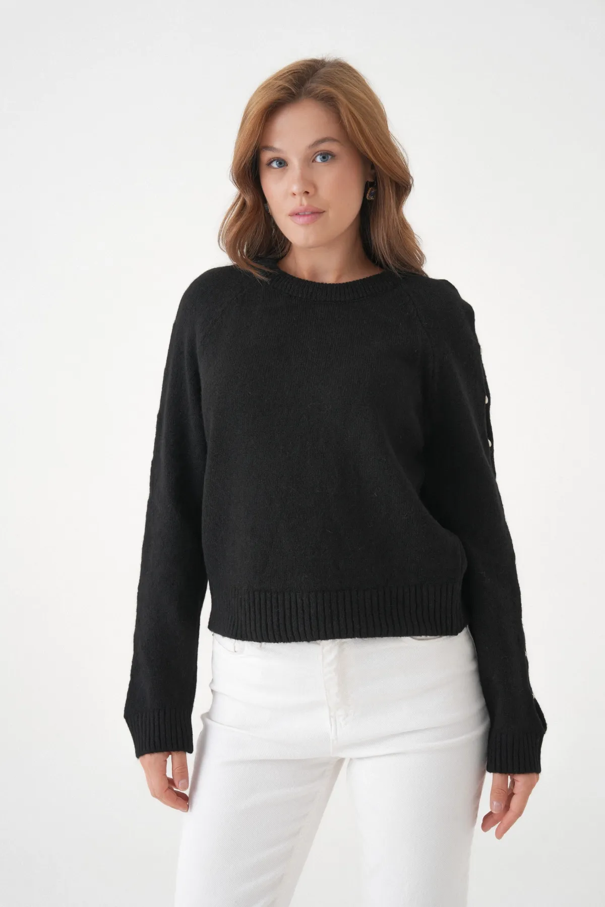 Kadın Bisiklet Yaka Kolları Boncuk Detay Yumuşak Dokulu Triko Kazak